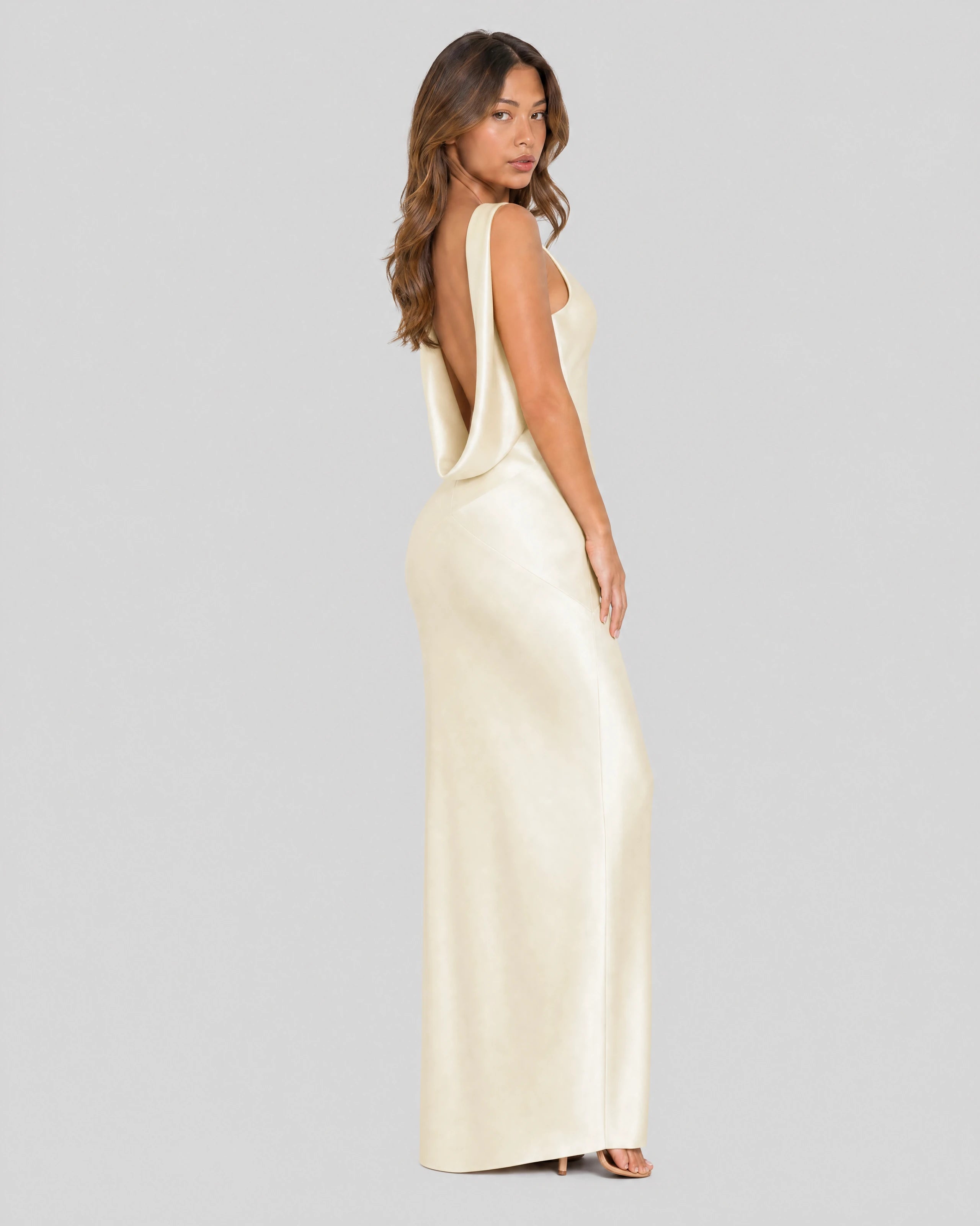 Delilah yellow cowl-neck satin maxi side