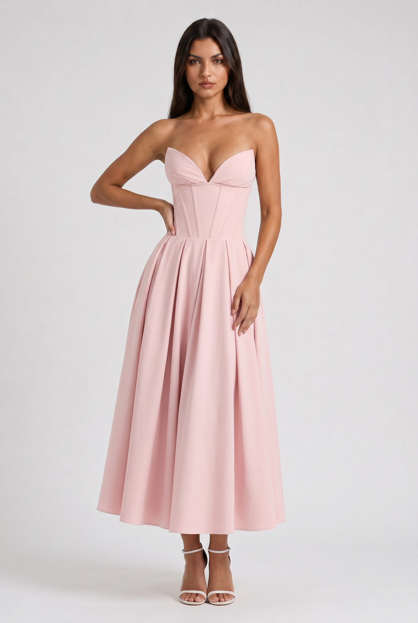 Adeline | Pink Corset Midi Dress with Full Pleated Skirt
