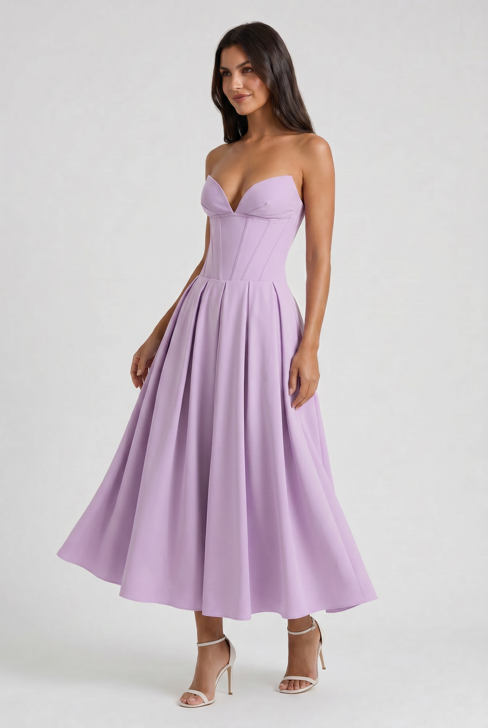 Adeline | Purple Corset Midi Dress with Full Pleated Skirt