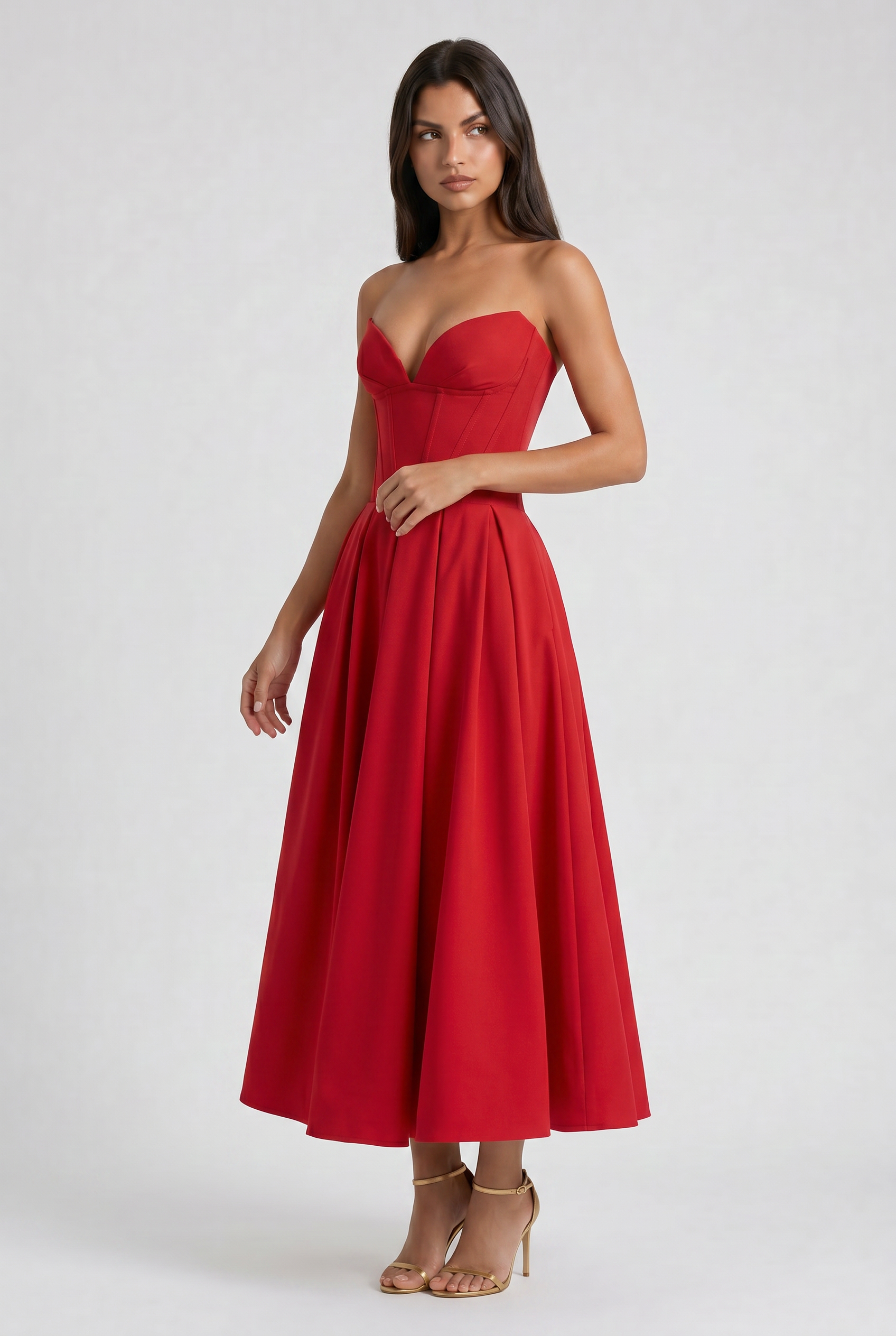 Adeline | Red Corset Midi Dress with Full Pleated Skirt