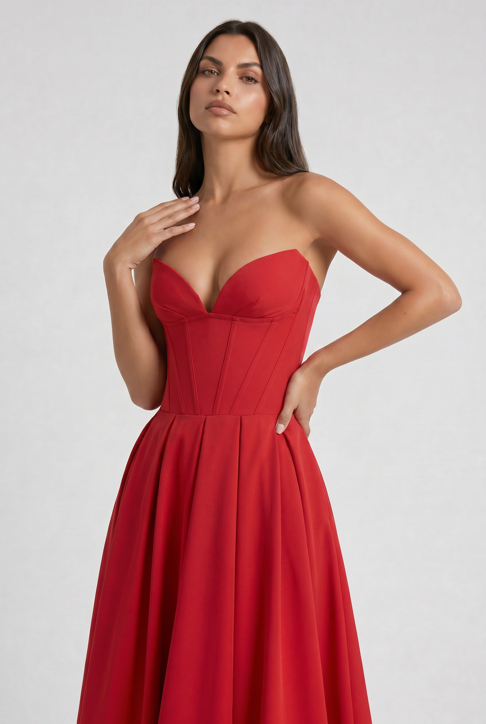 Adeline | Red Corset Midi Dress with Full Pleated Skirt