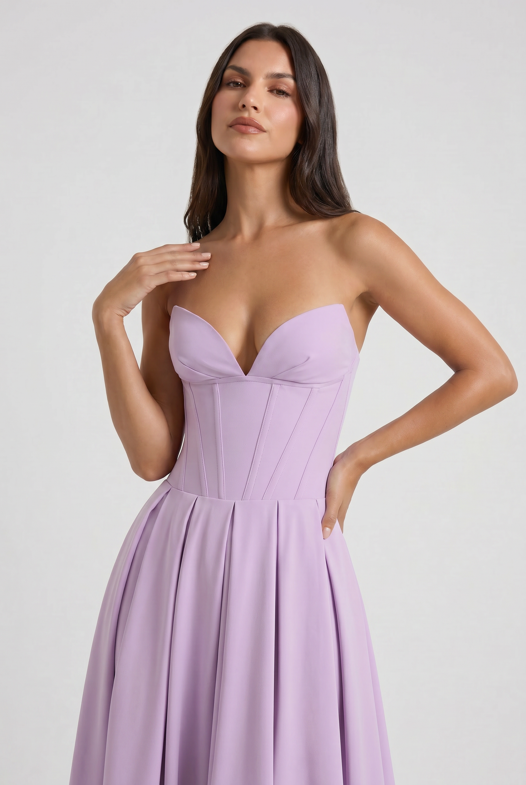 Adeline | Purple Corset Midi Dress with Full Pleated Skirt