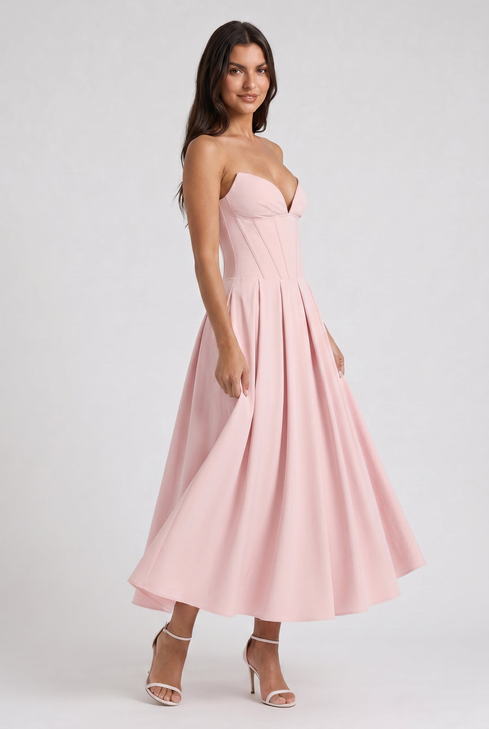 Adeline | Pink Corset Midi Dress with Full Pleated Skirt