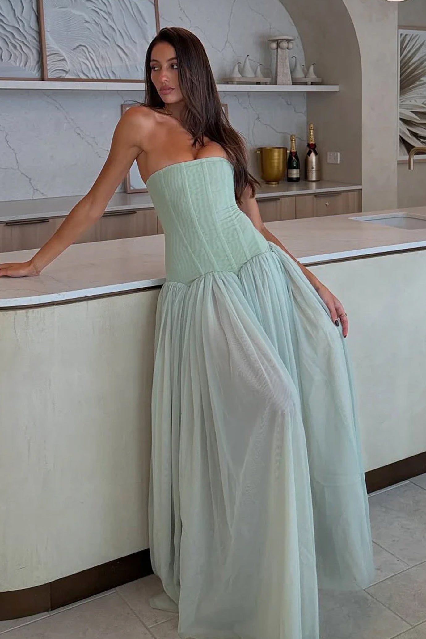 Odelie sage green tulle maxi gown - back