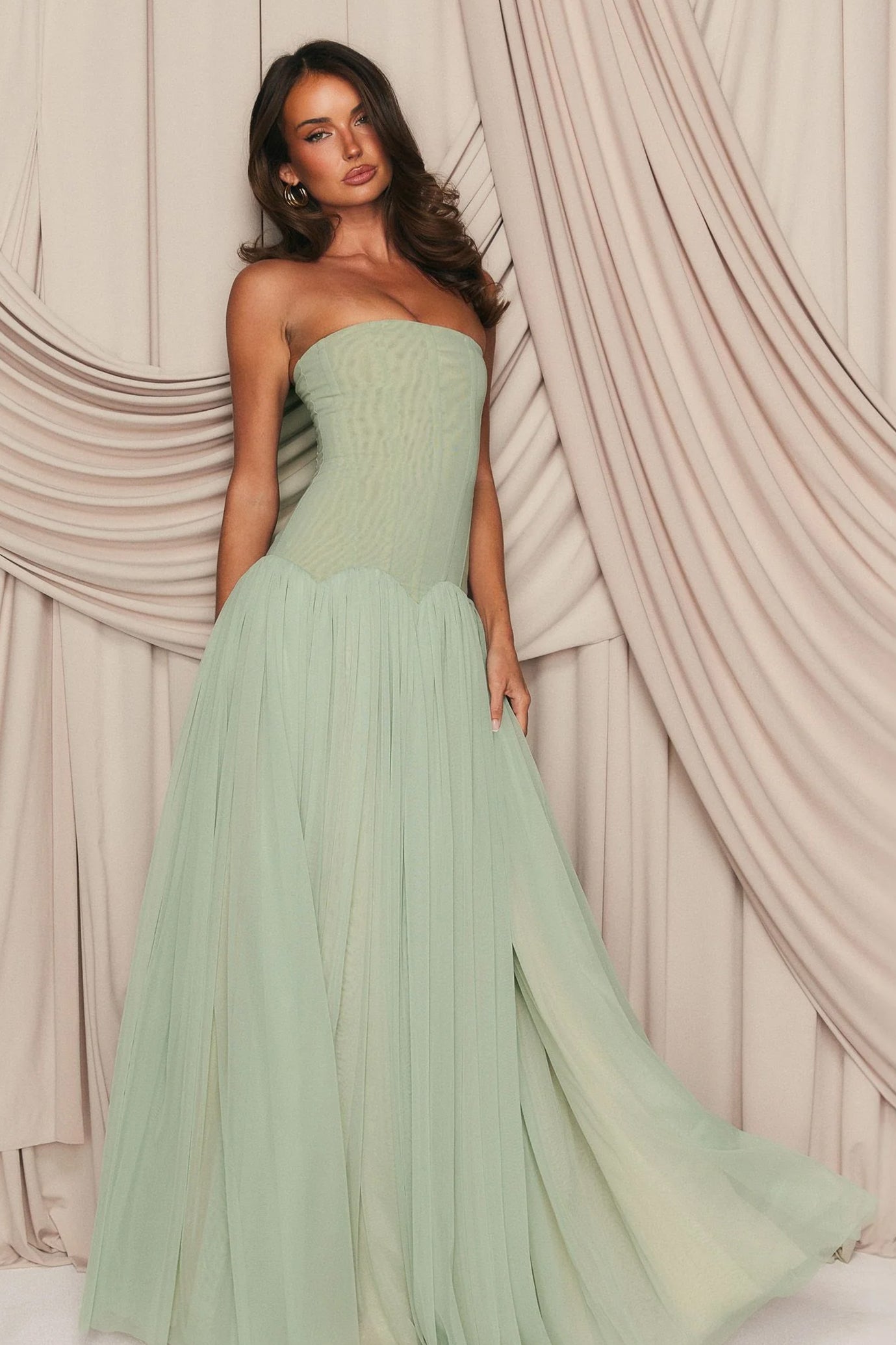 Odelie sage green tulle maxi gown - front
