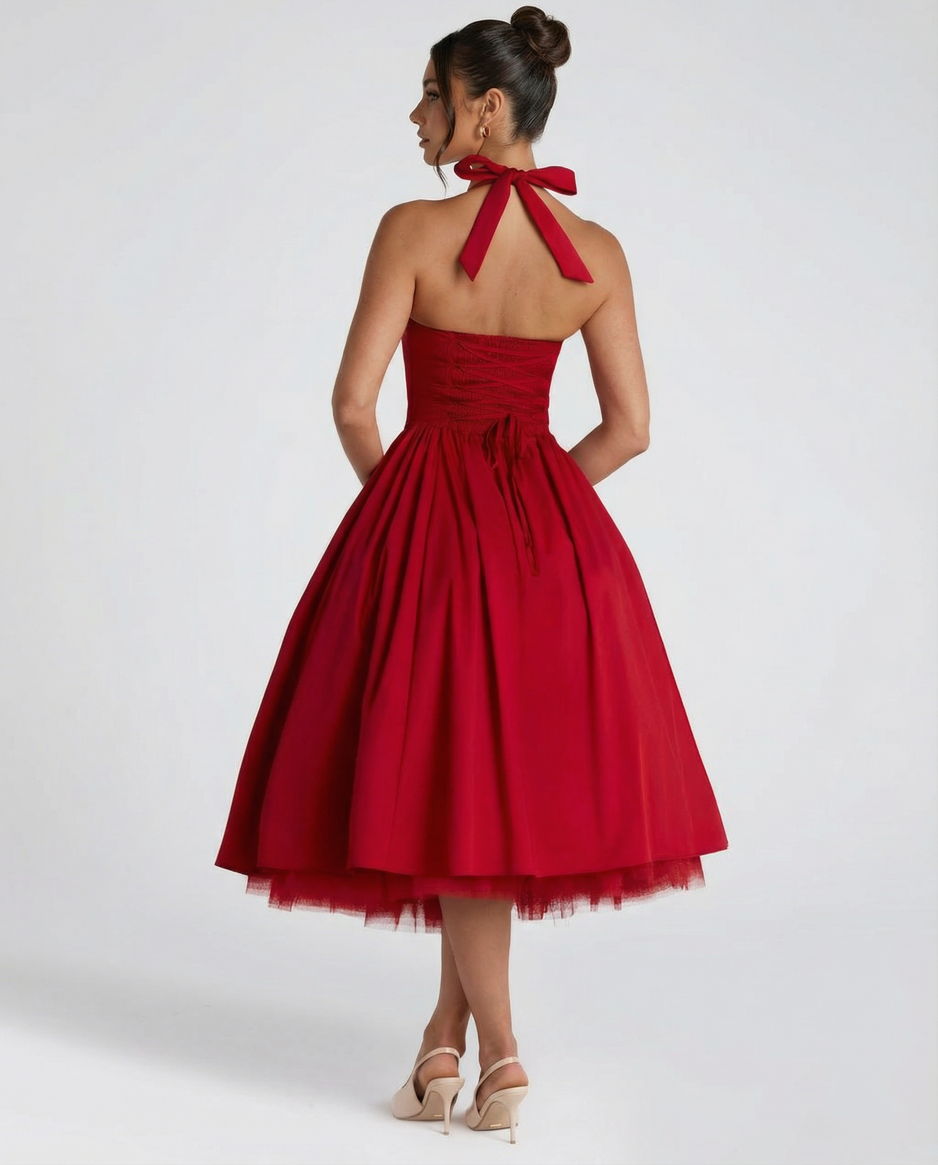 Lena | Red Halter Neck Midi Dress with Lace-Up Back