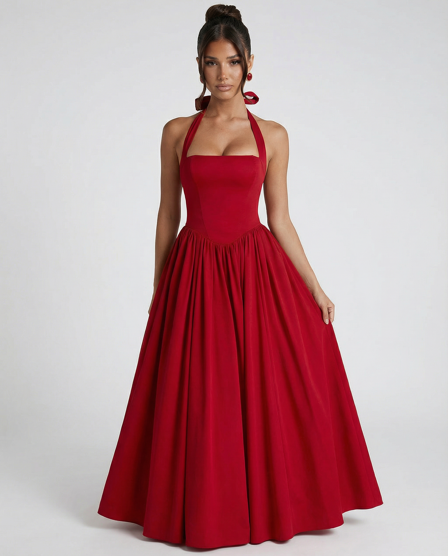 Lena | Red Halter Neck Midi Dress with Lace-Up Back