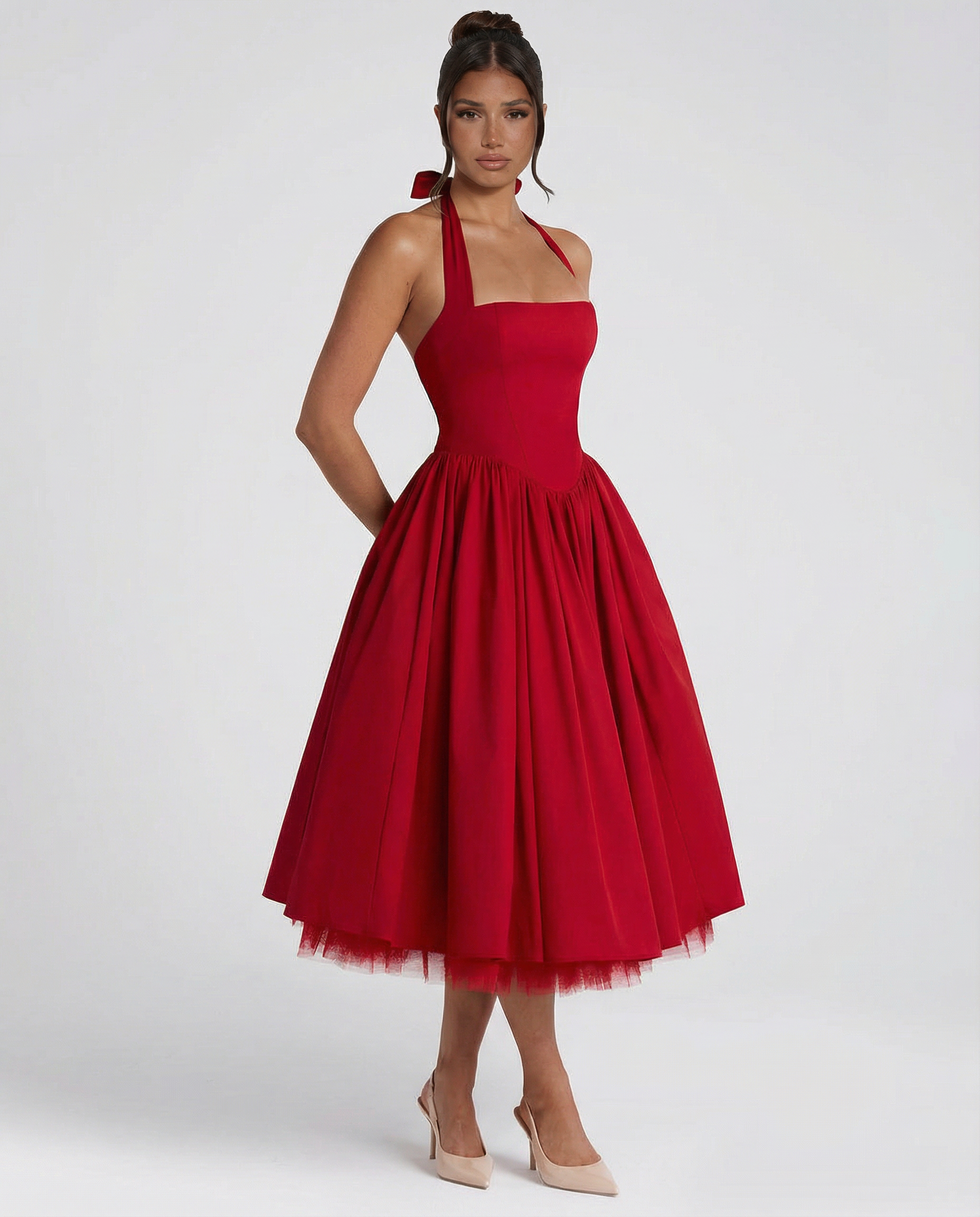 Lena | Red Halter Neck Midi Dress with Lace-Up Back