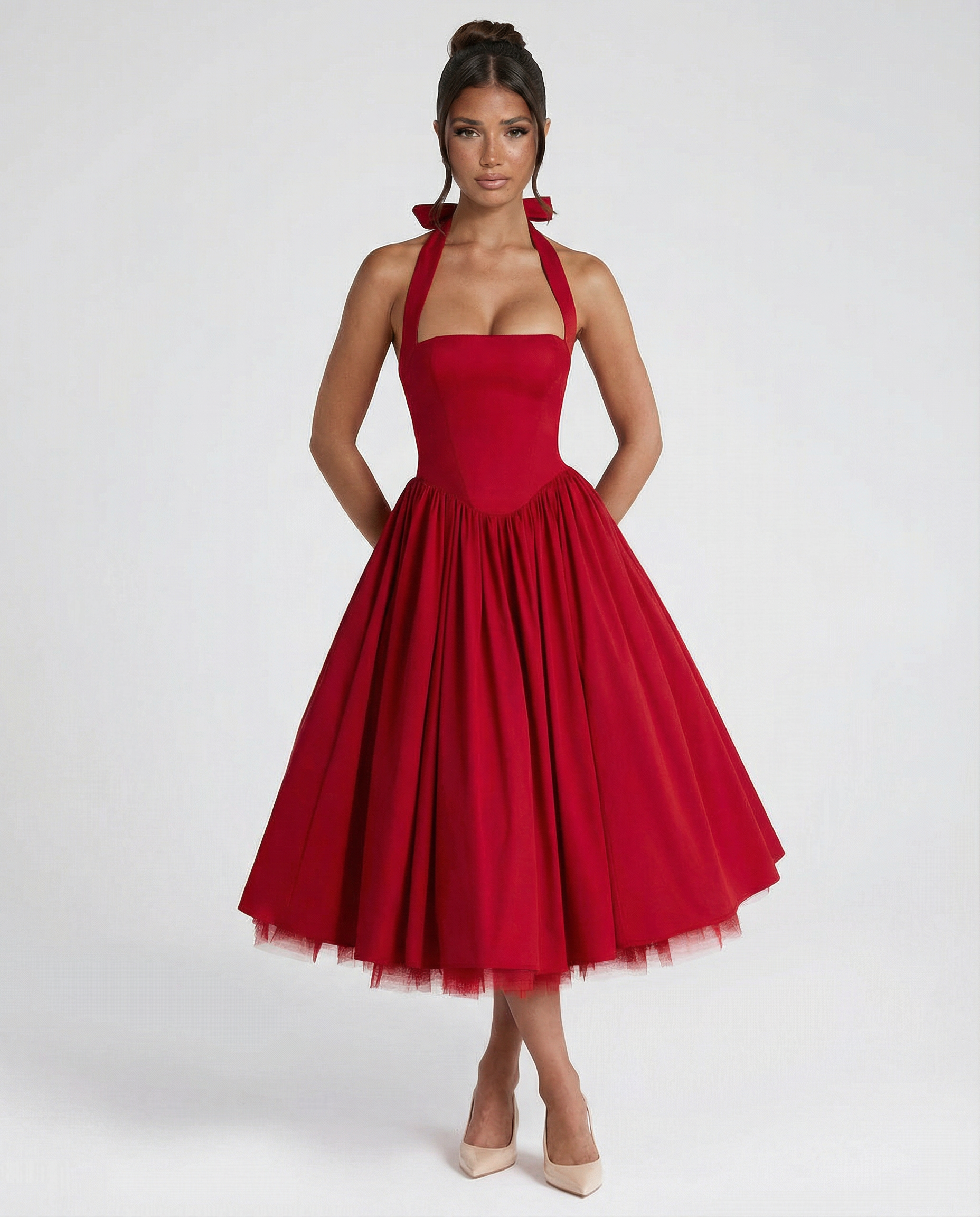 Lena | Red Halter Neck Midi Dress with Lace-Up Back
