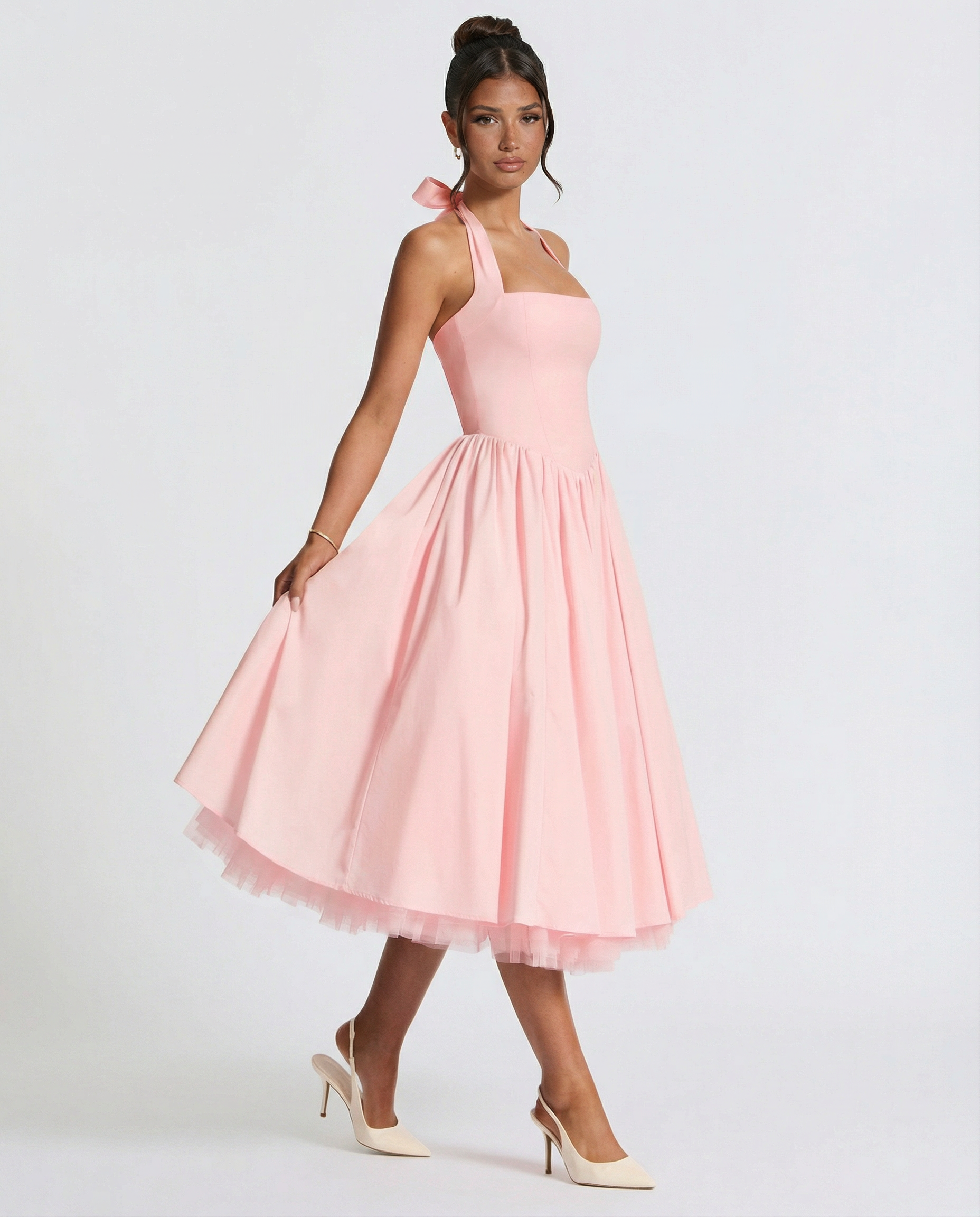 Lena | Pink Halter Neck Midi Dress with Lace-Up Back