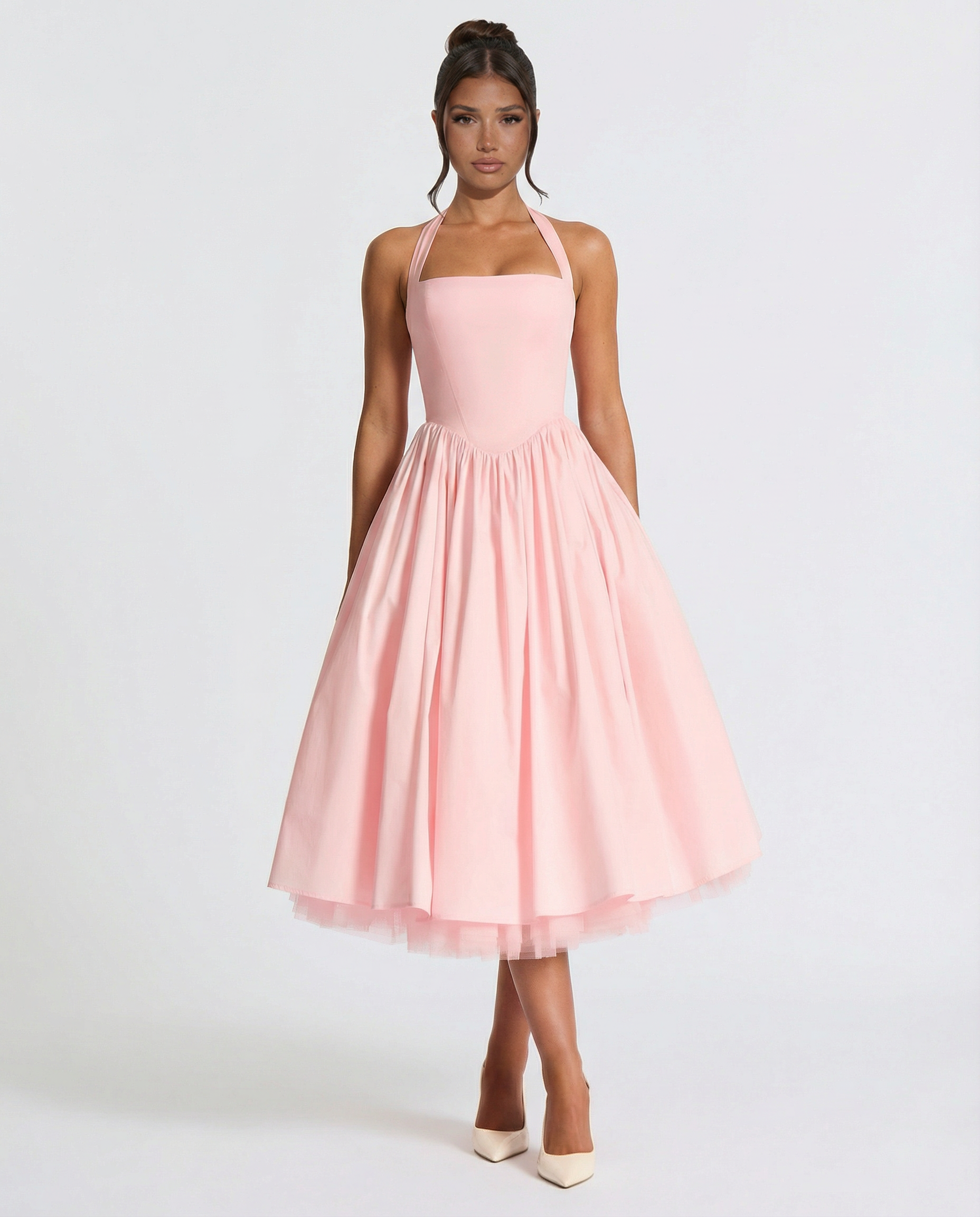 Lena | Pink Halter Neck Midi Dress with Lace-Up Back