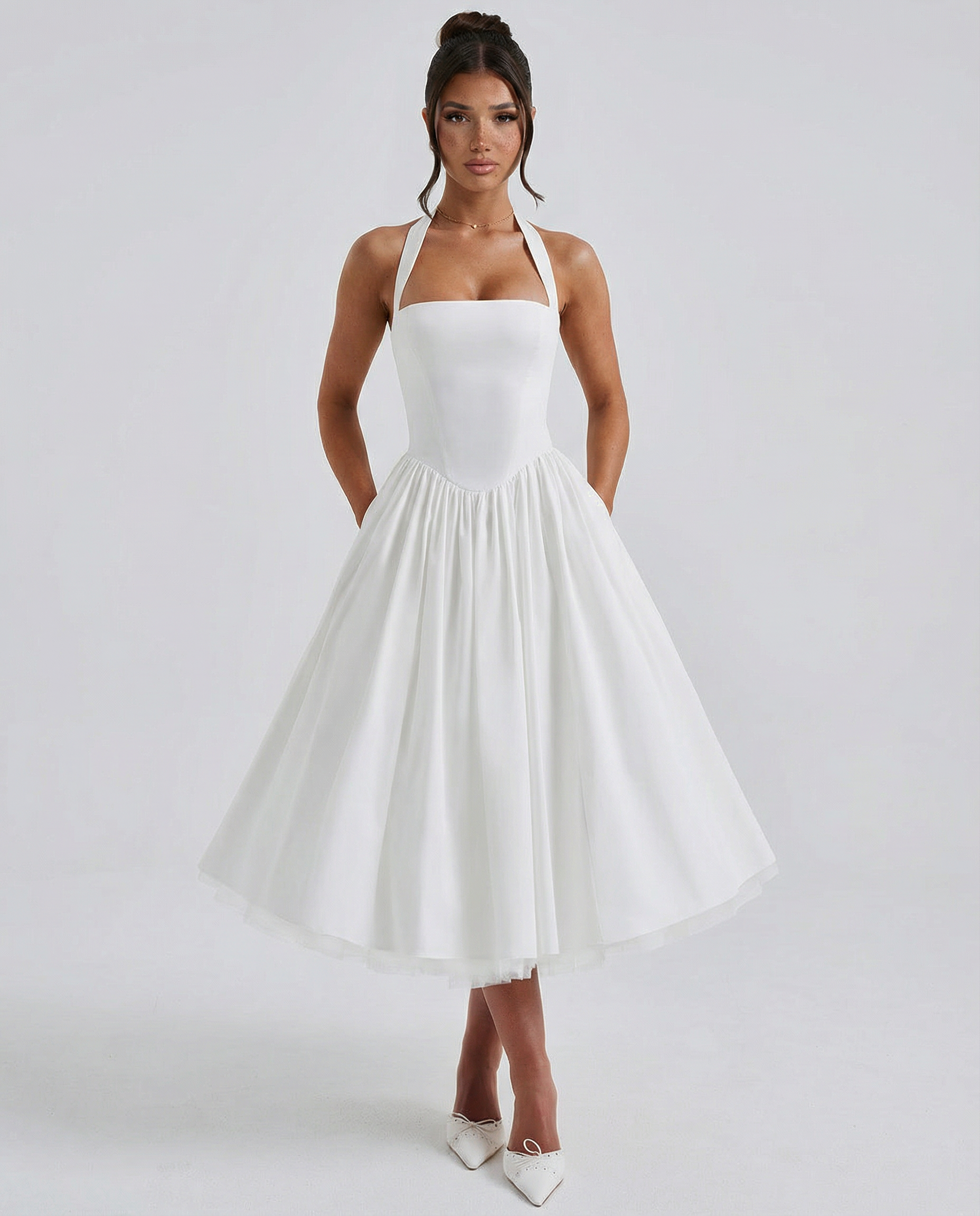 Lena | White Halter Neck Midi Dress with Lace-Up Back