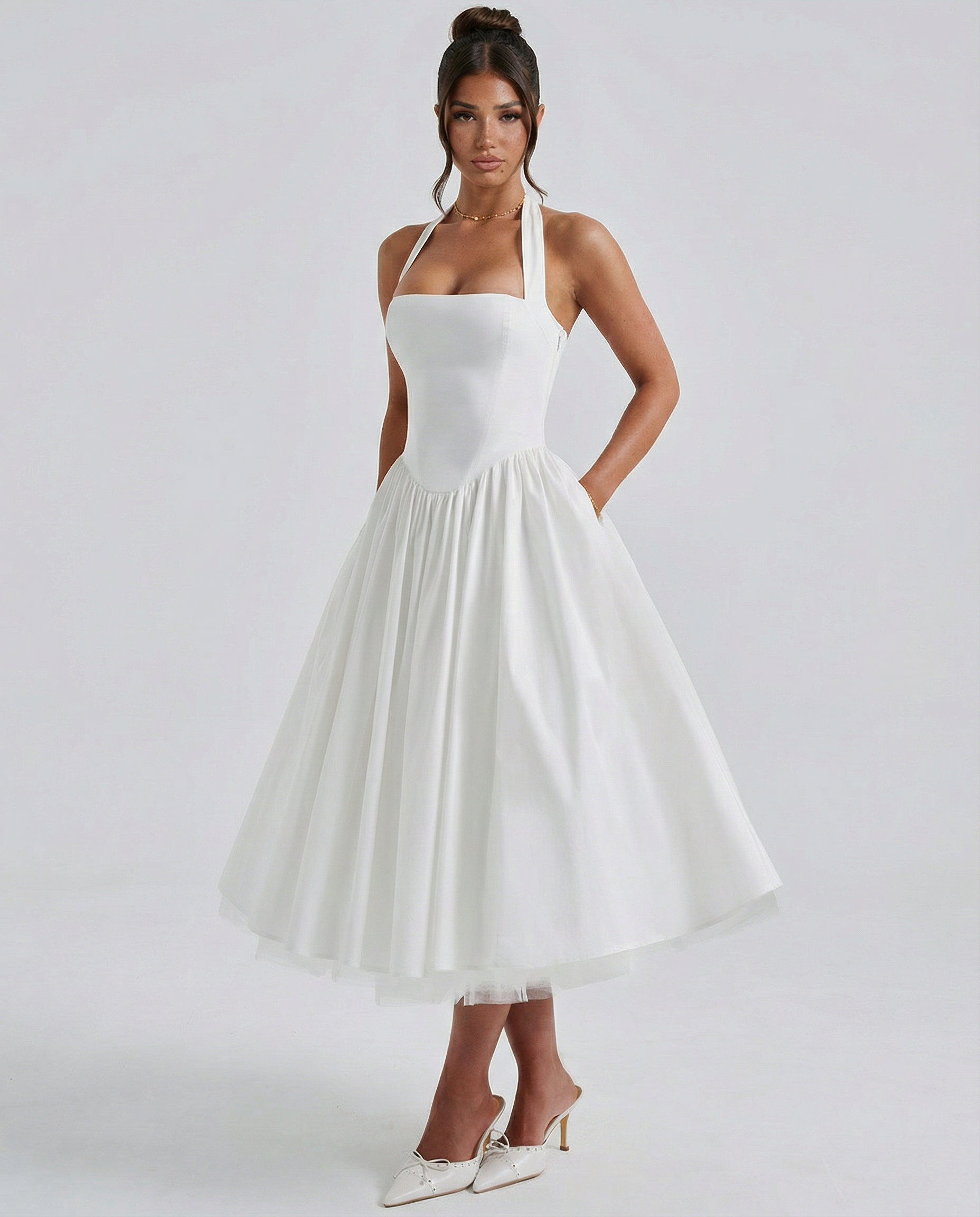 Lena | White Halter Neck Midi Dress with Lace-Up Back
