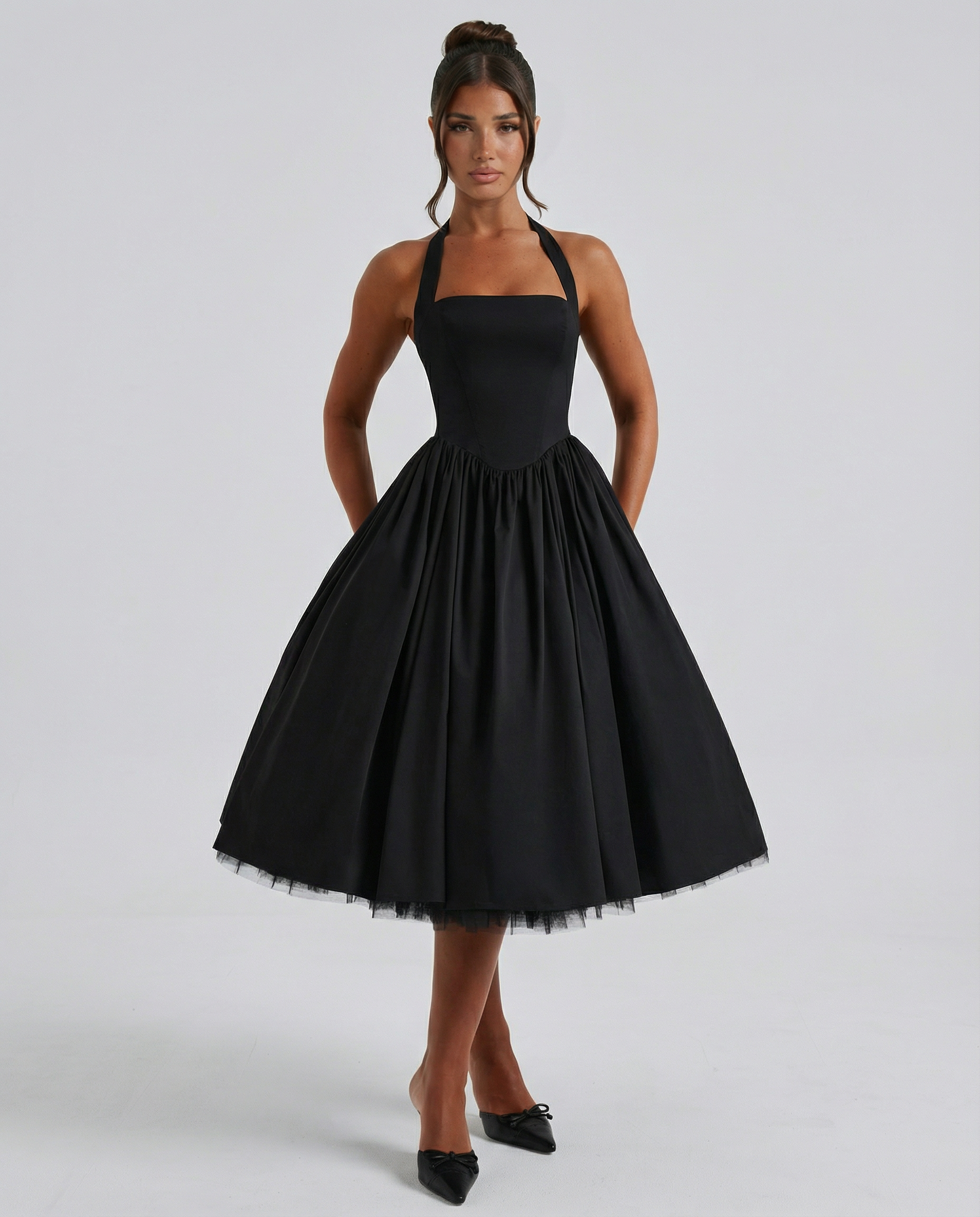 Lena | Black Halter Neck Mini Dress with Lace-Up Back