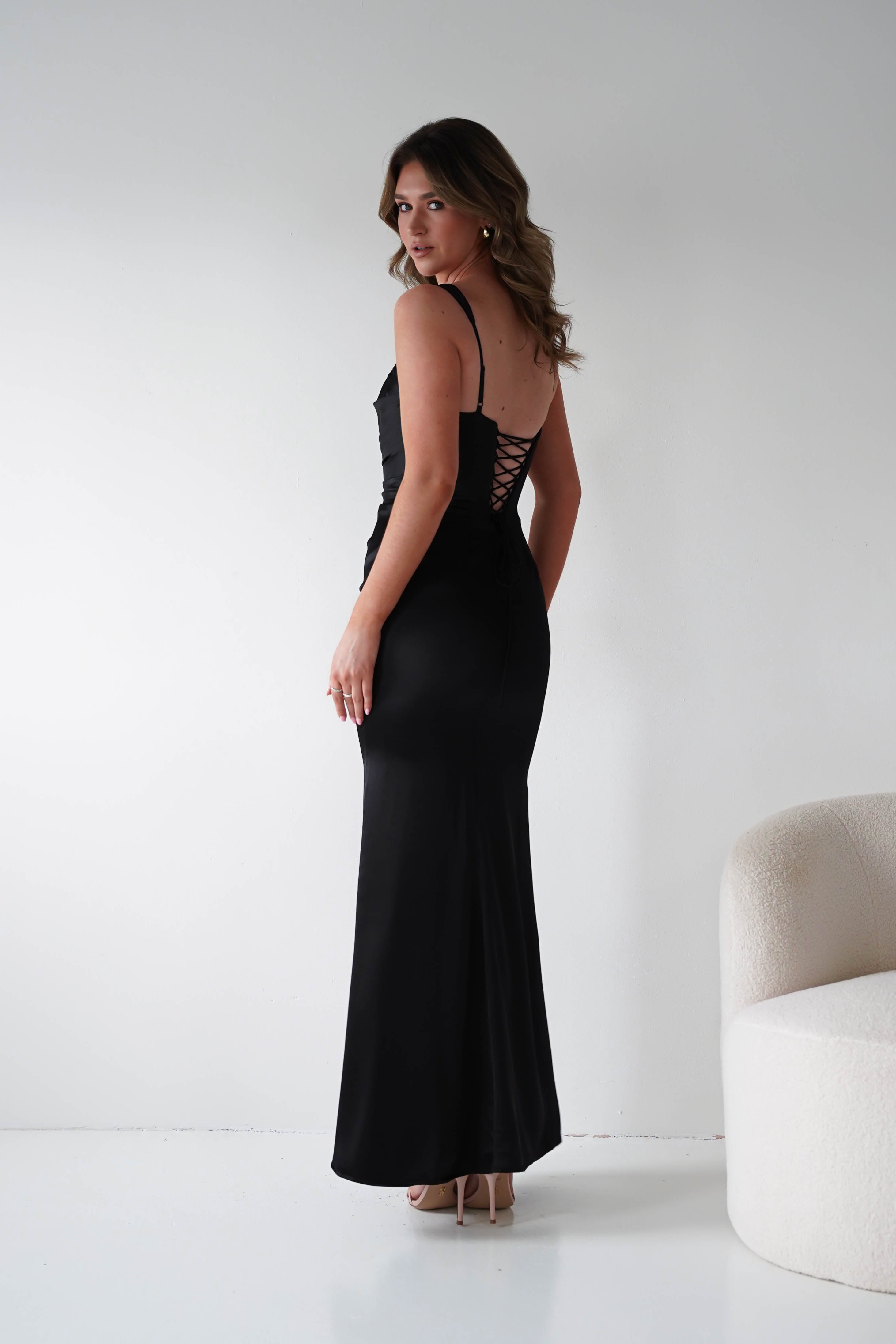 Nora black satin column maxi gown - side