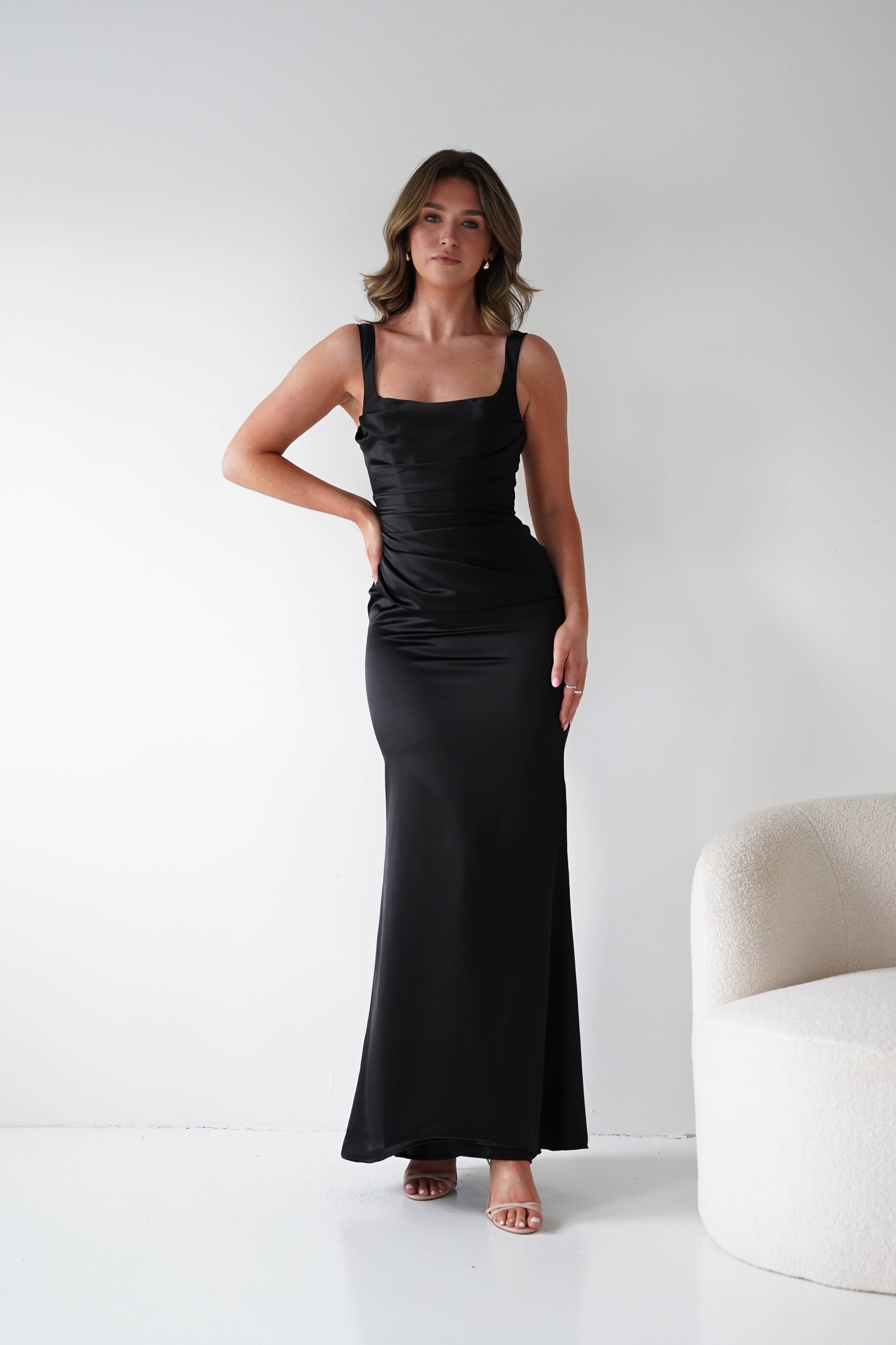 Nora black satin column maxi gown - three-quarter