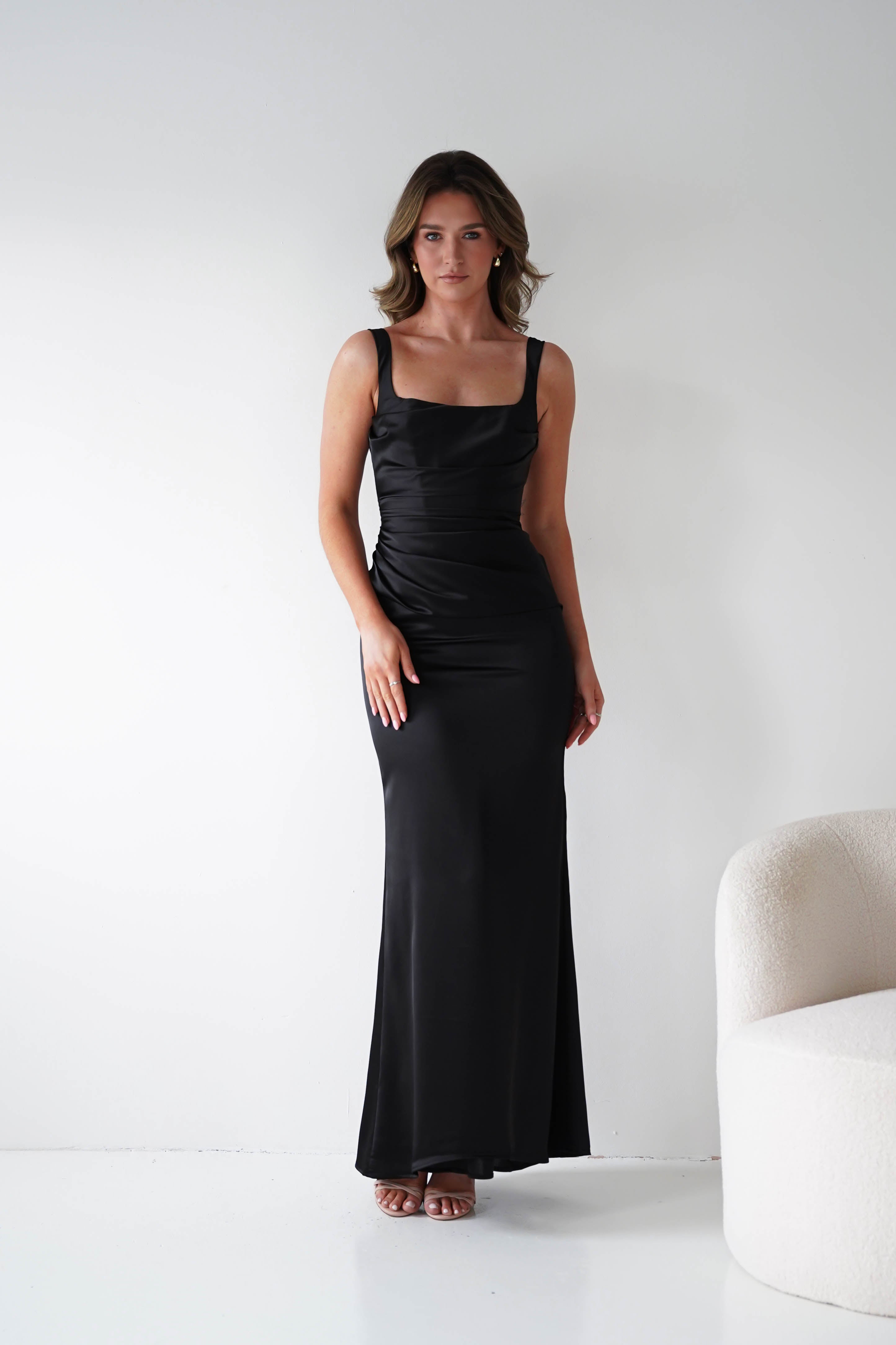 Nora black satin column maxi gown - bodice detail