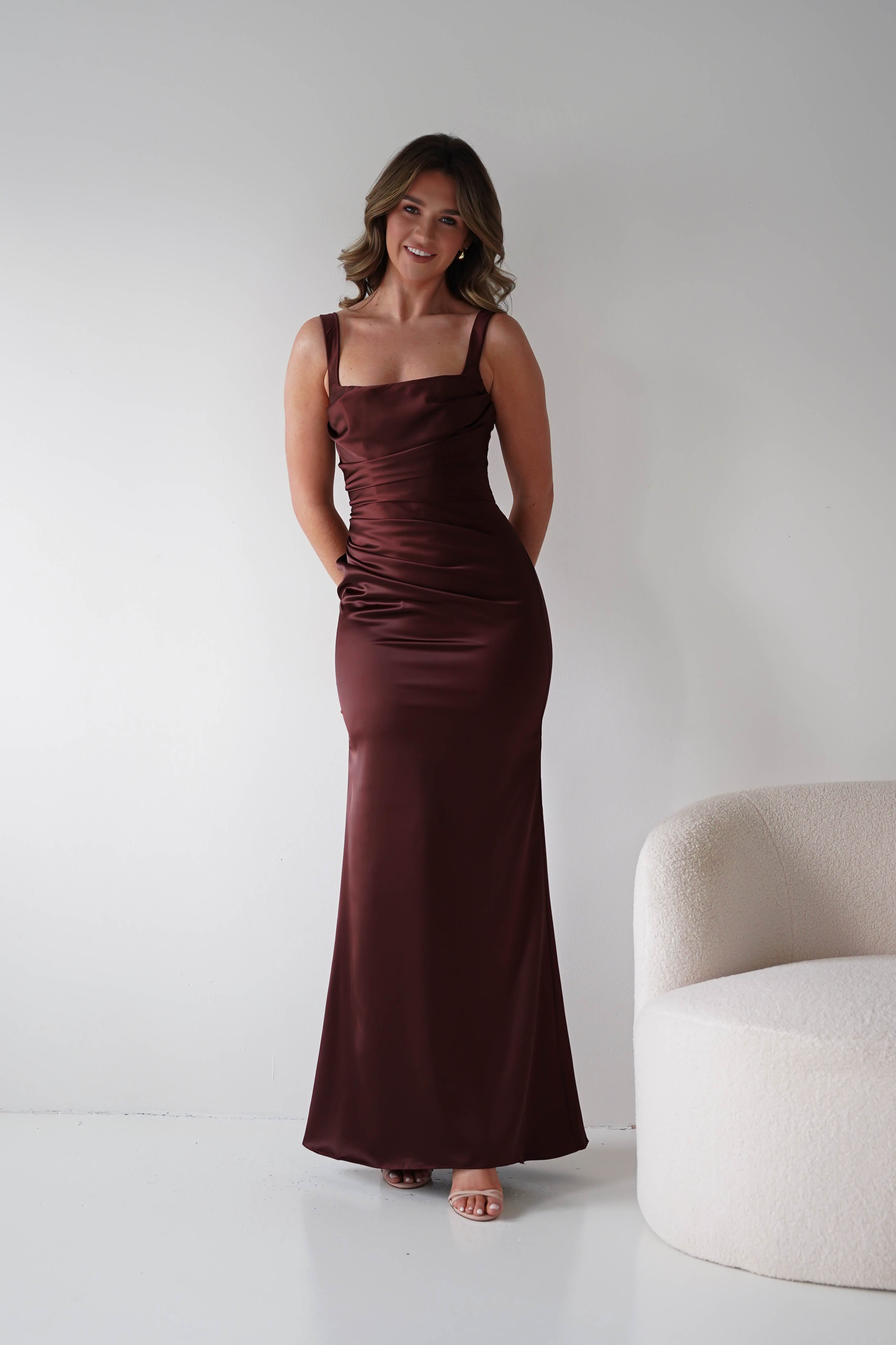 Nora brown satin column maxi gown - three-quarter