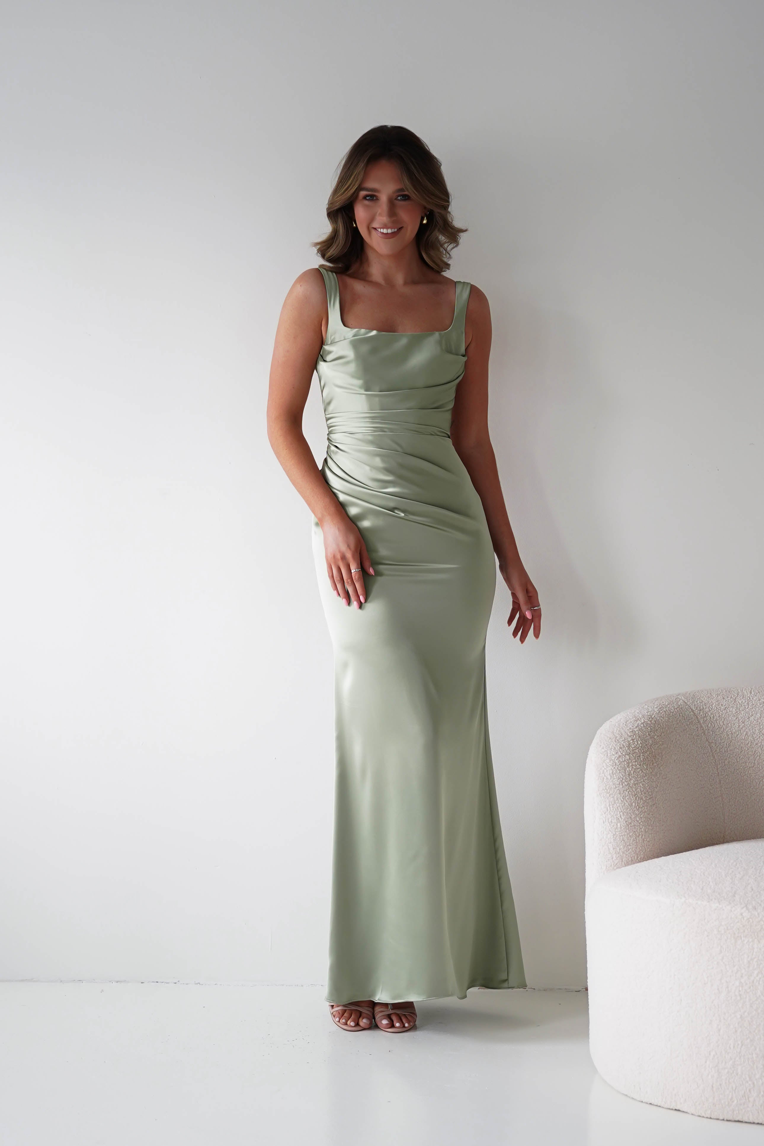 Nora sage green satin column maxi gown - three-quarter