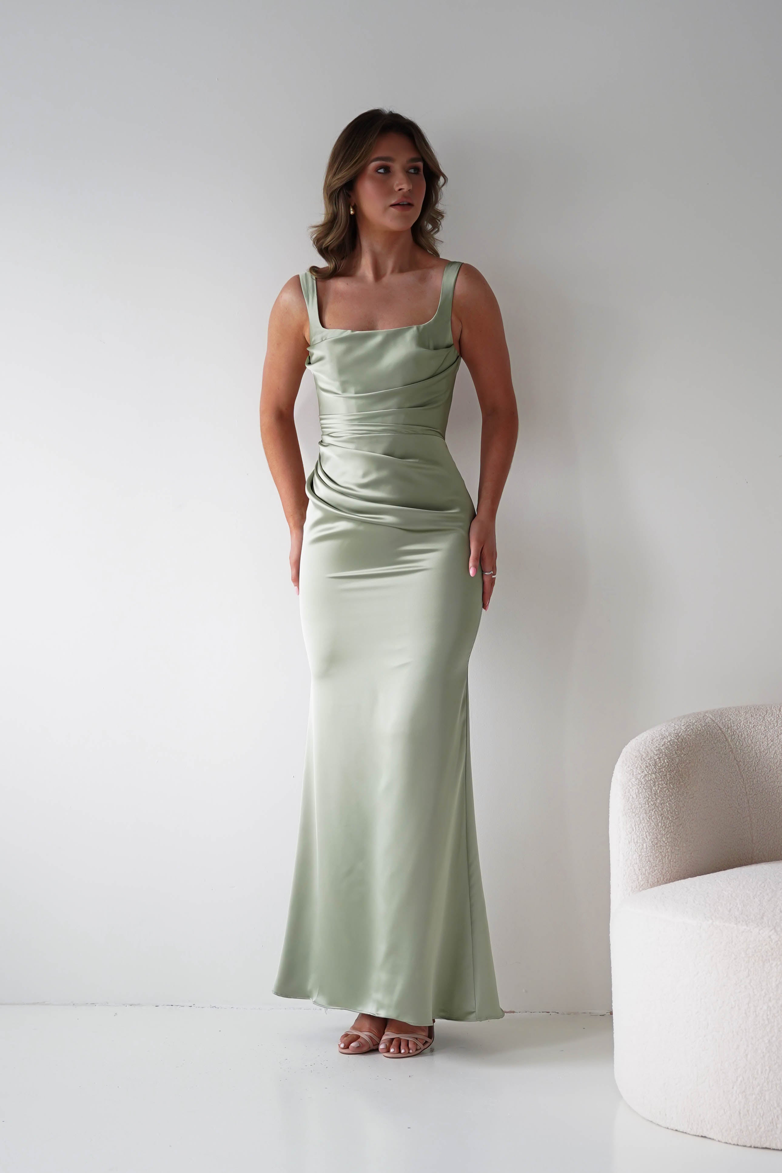 Nora sage green satin column maxi gown - full length