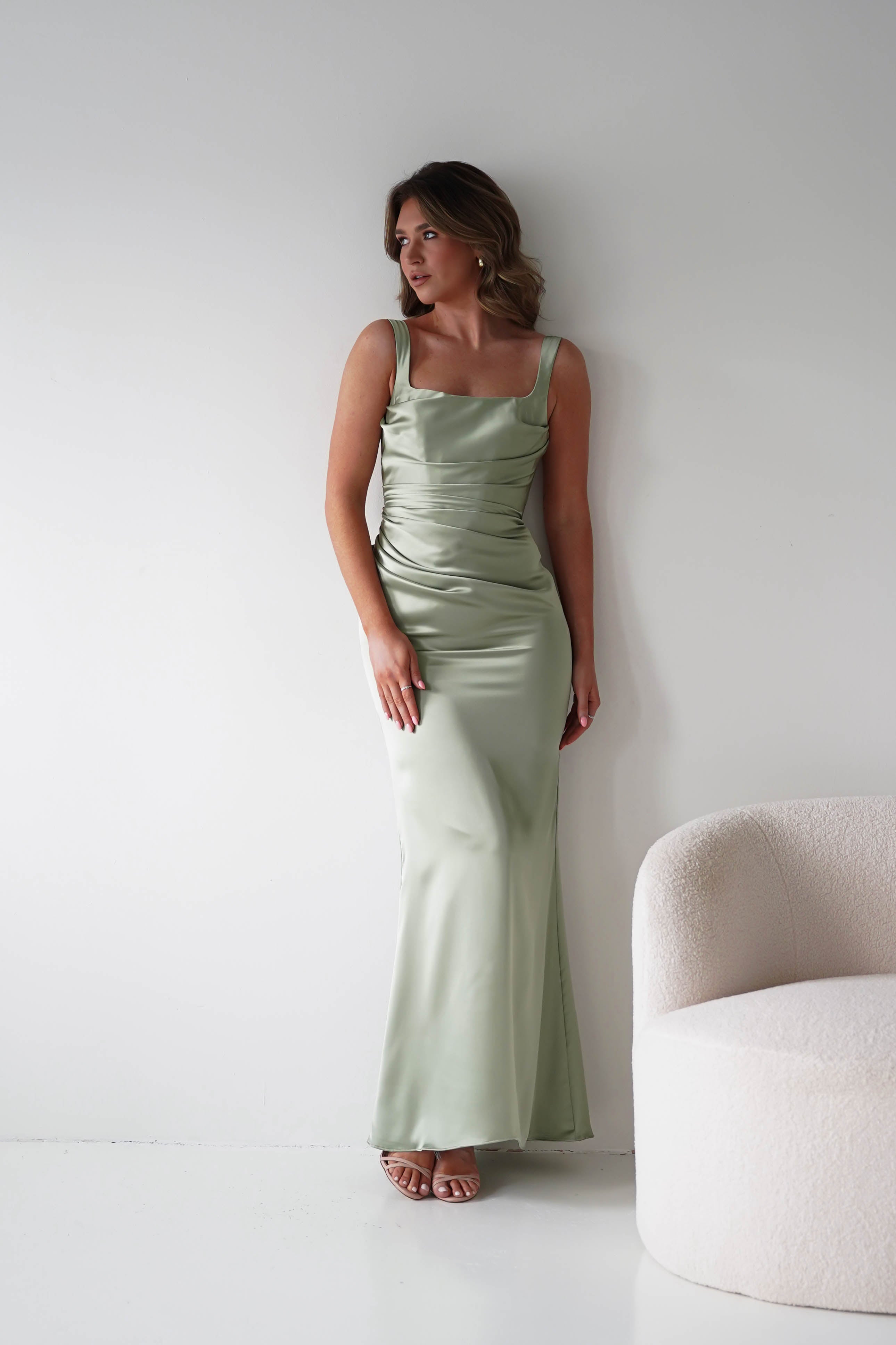 Nora sage green satin column maxi gown - skirt detail