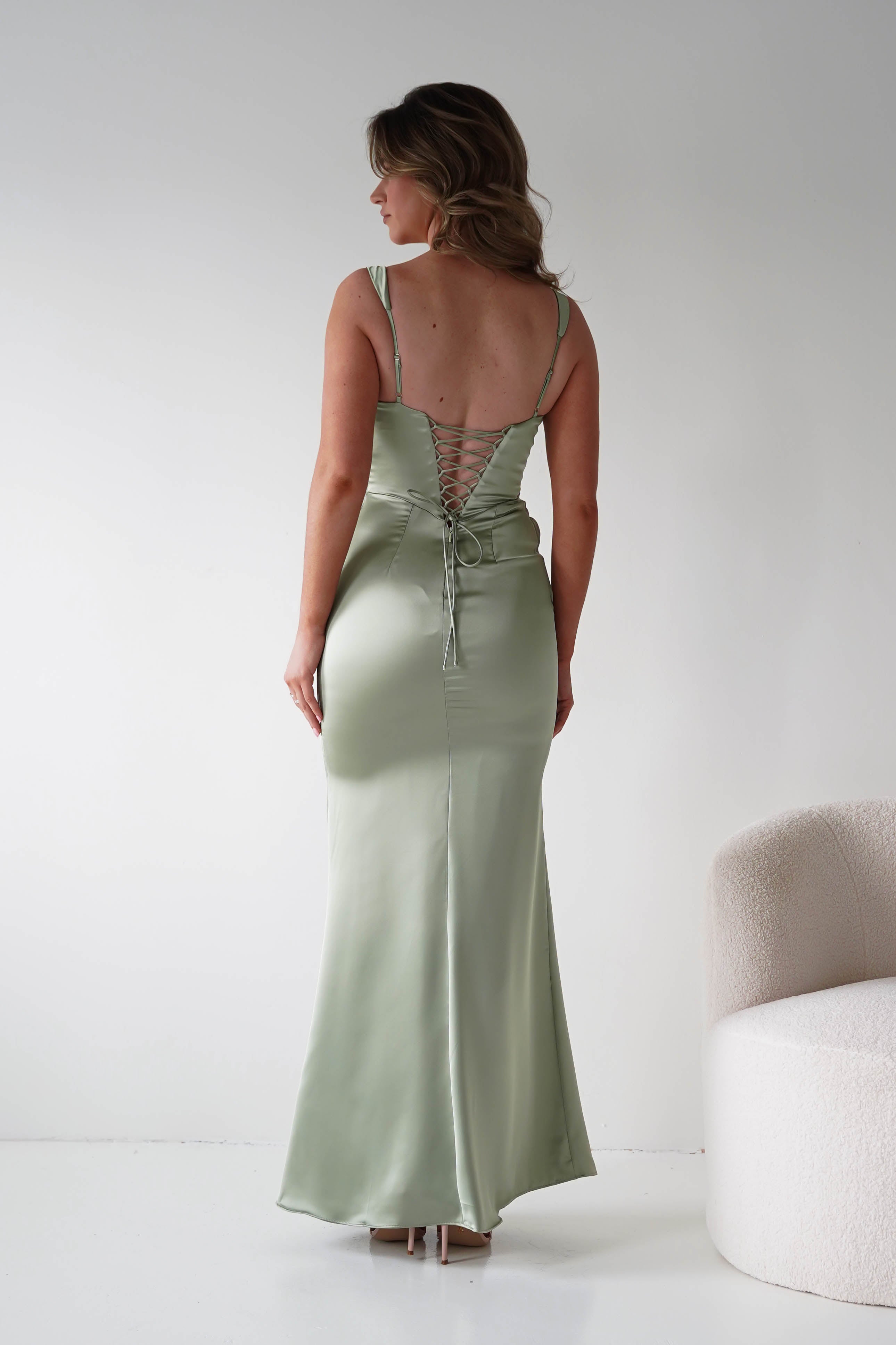 Nora sage green satin column maxi gown - lace-up back