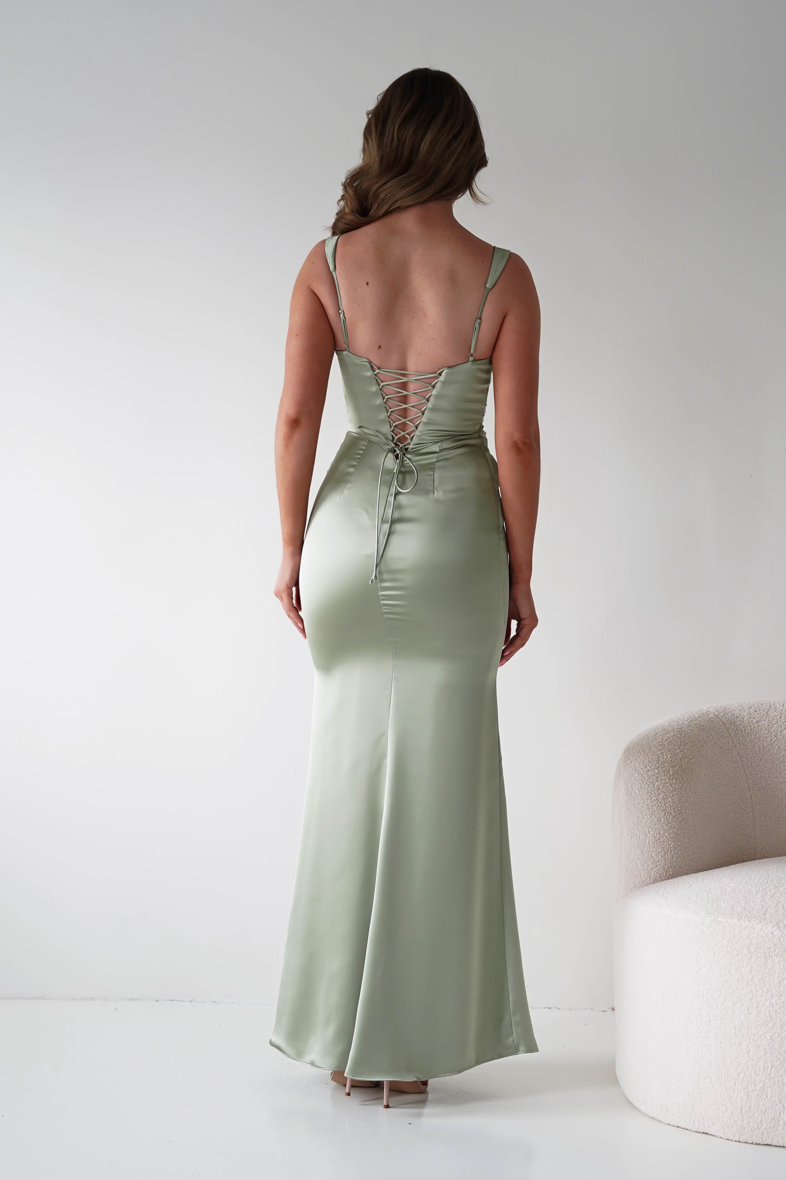Nora sage green satin column maxi gown - bodice detail