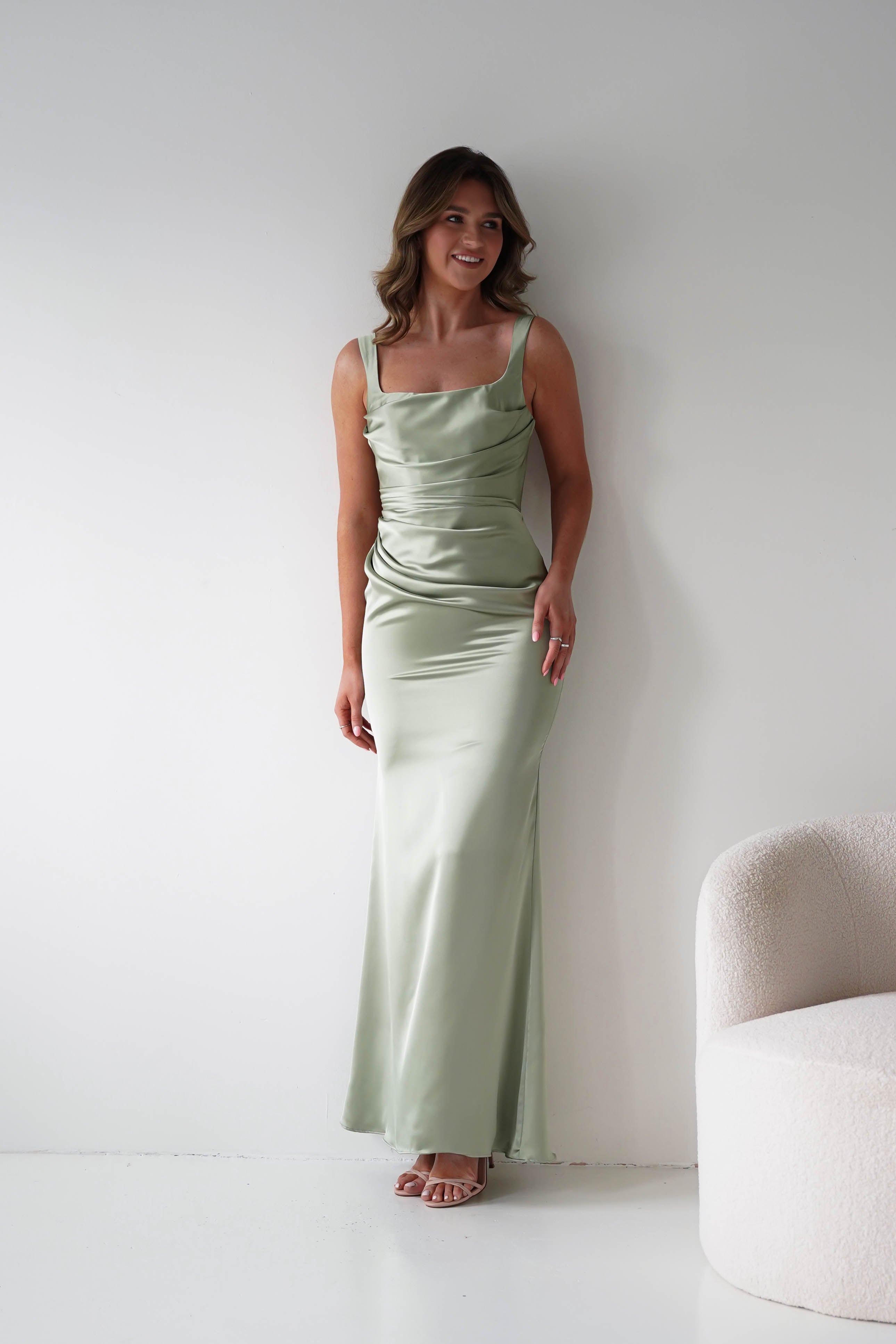 Nora sage green satin column maxi gown - side