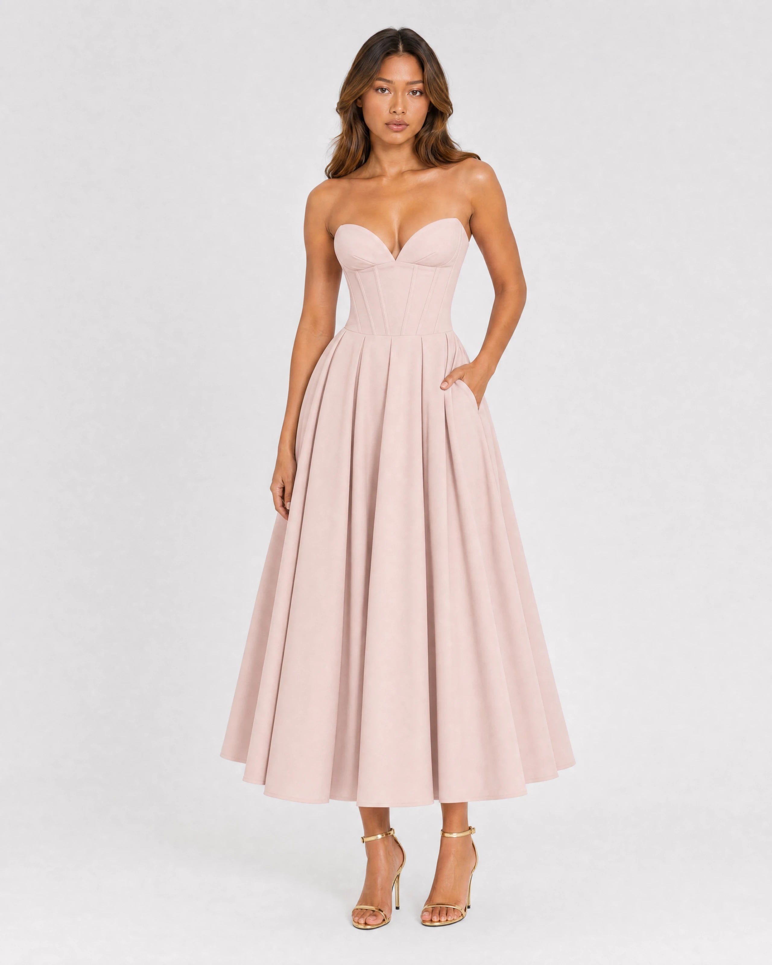 Adeline pink corset midi dress with full pleated skirt - front view