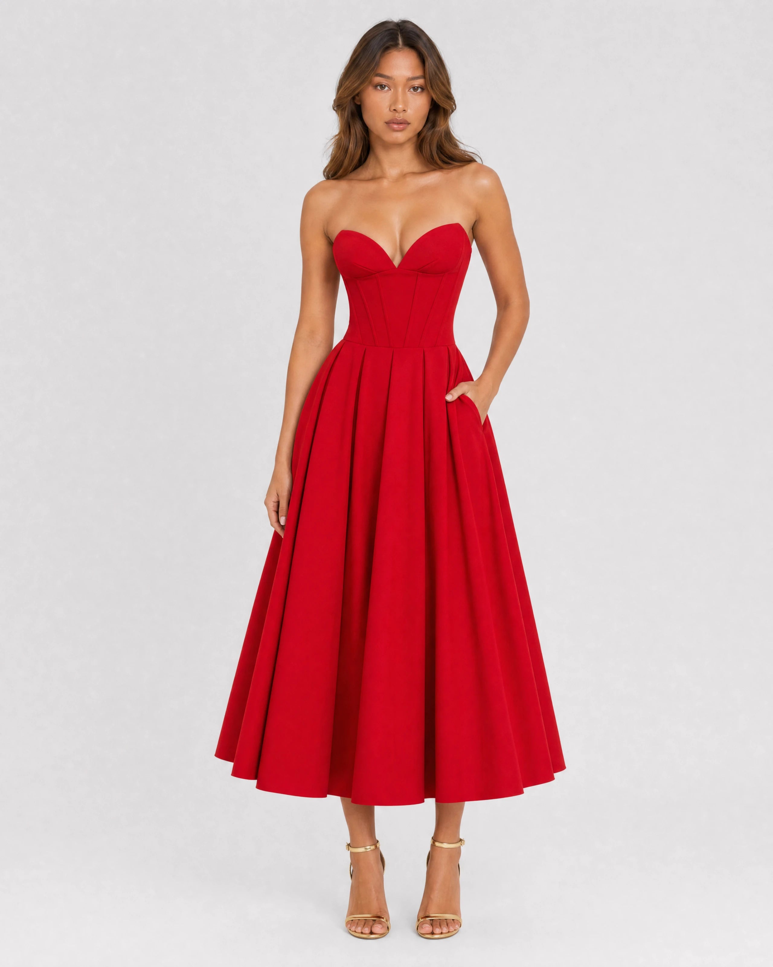 Adeline red corset midi dress with full pleated skirt - front view