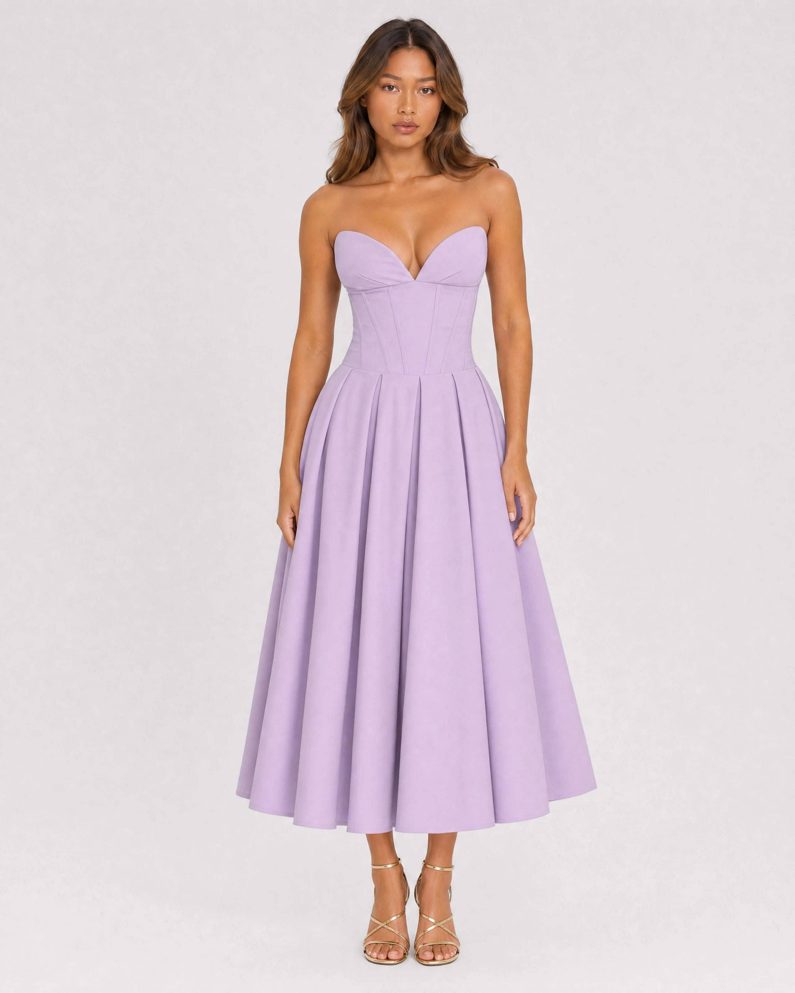 Adeline violet corset midi dress with full pleated skirt - front view