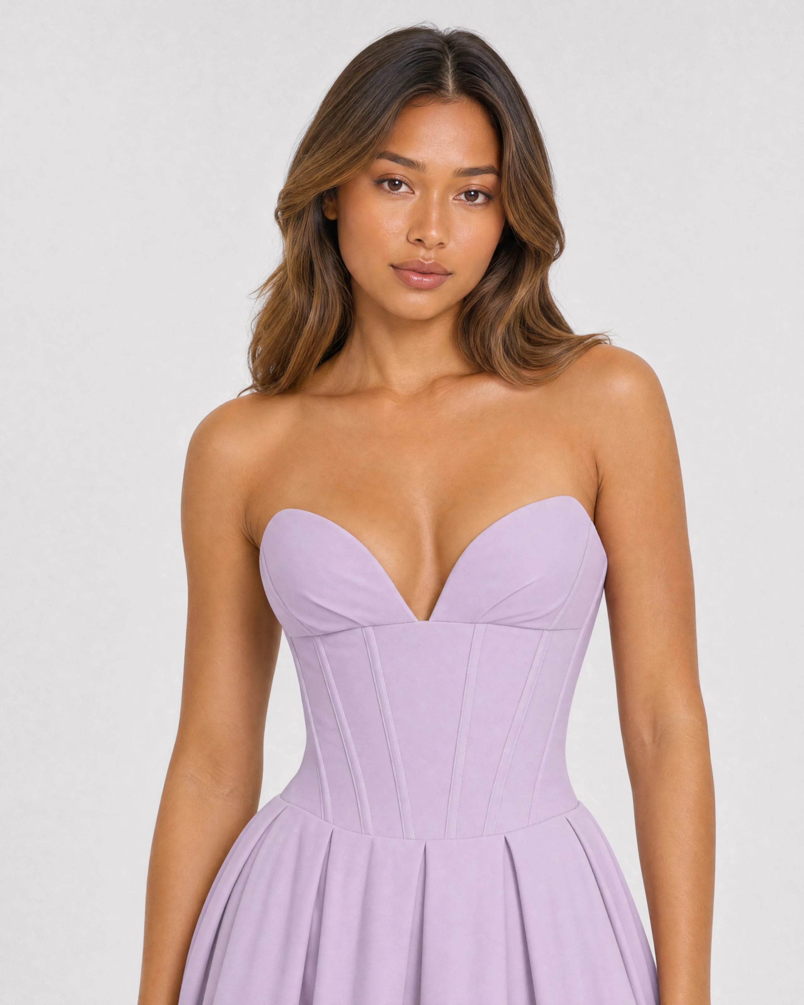 Adeline violet corset midi dress with full pleated skirt - waist-up close-up