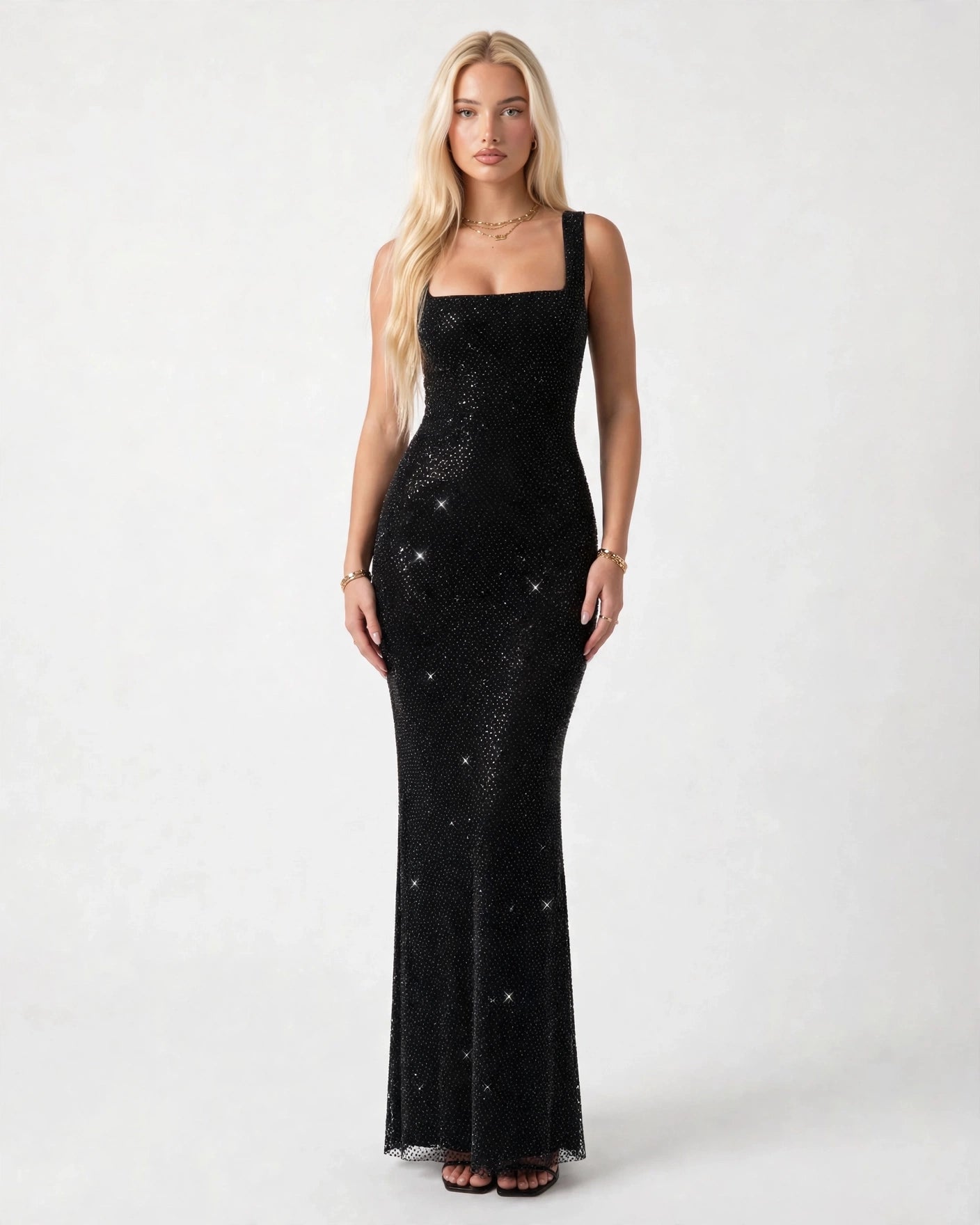 Aurelia black rhinestone sheer maxi gown - full length front view