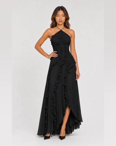 Aveline | Black Asymmetric Pleated Halter Ruffle Maxi Dress