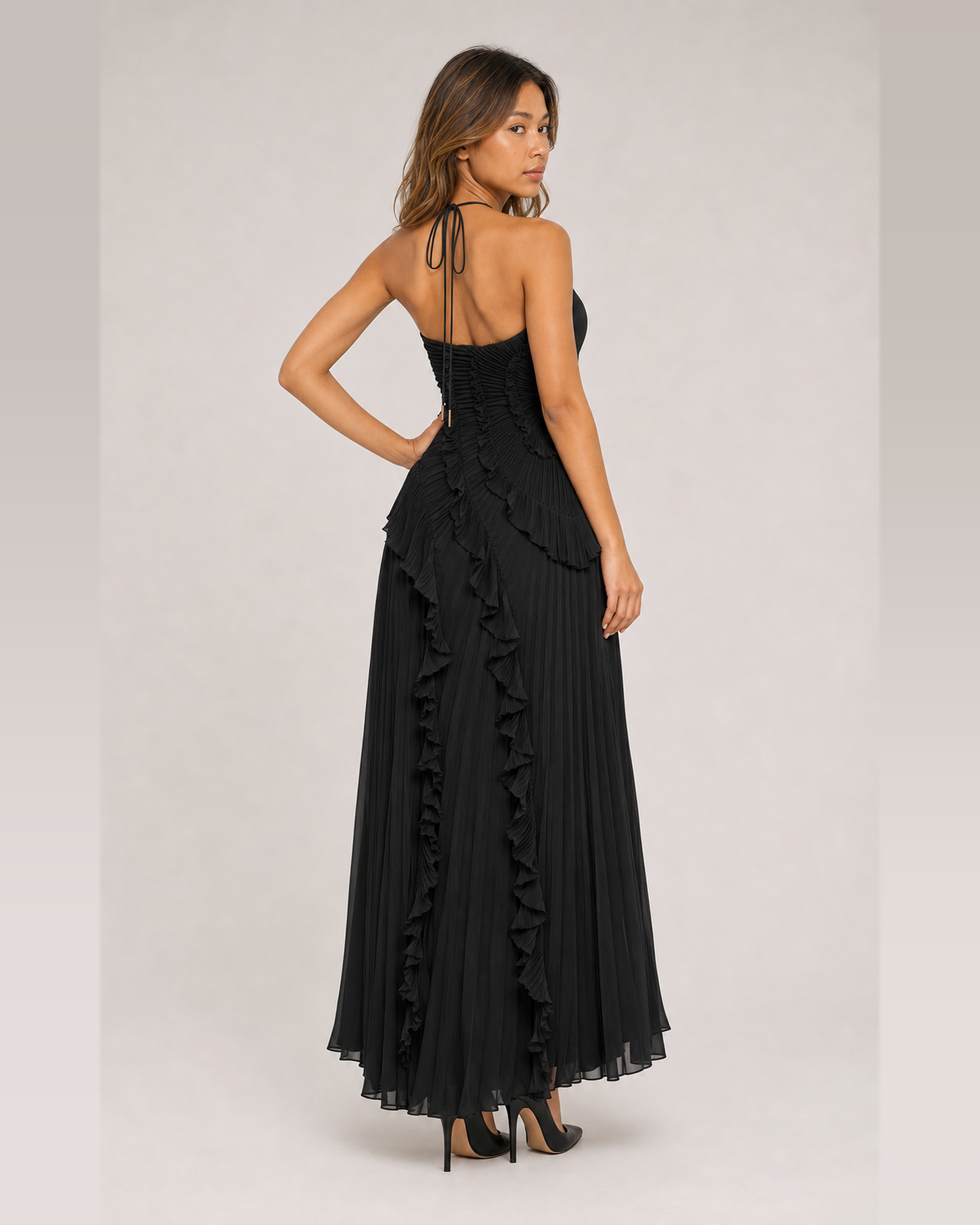 Aveline Black maxi dress, back view over shoulder
