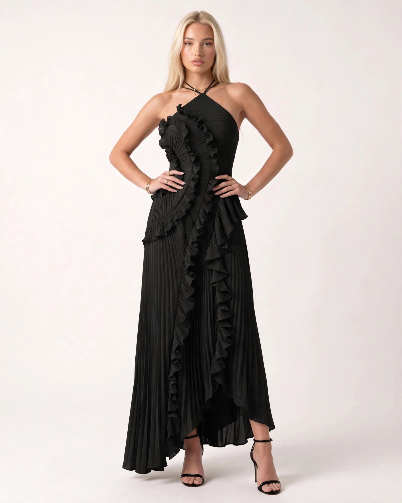 Aveline black asymmetric pleated halter ruffle maxi dress, front view