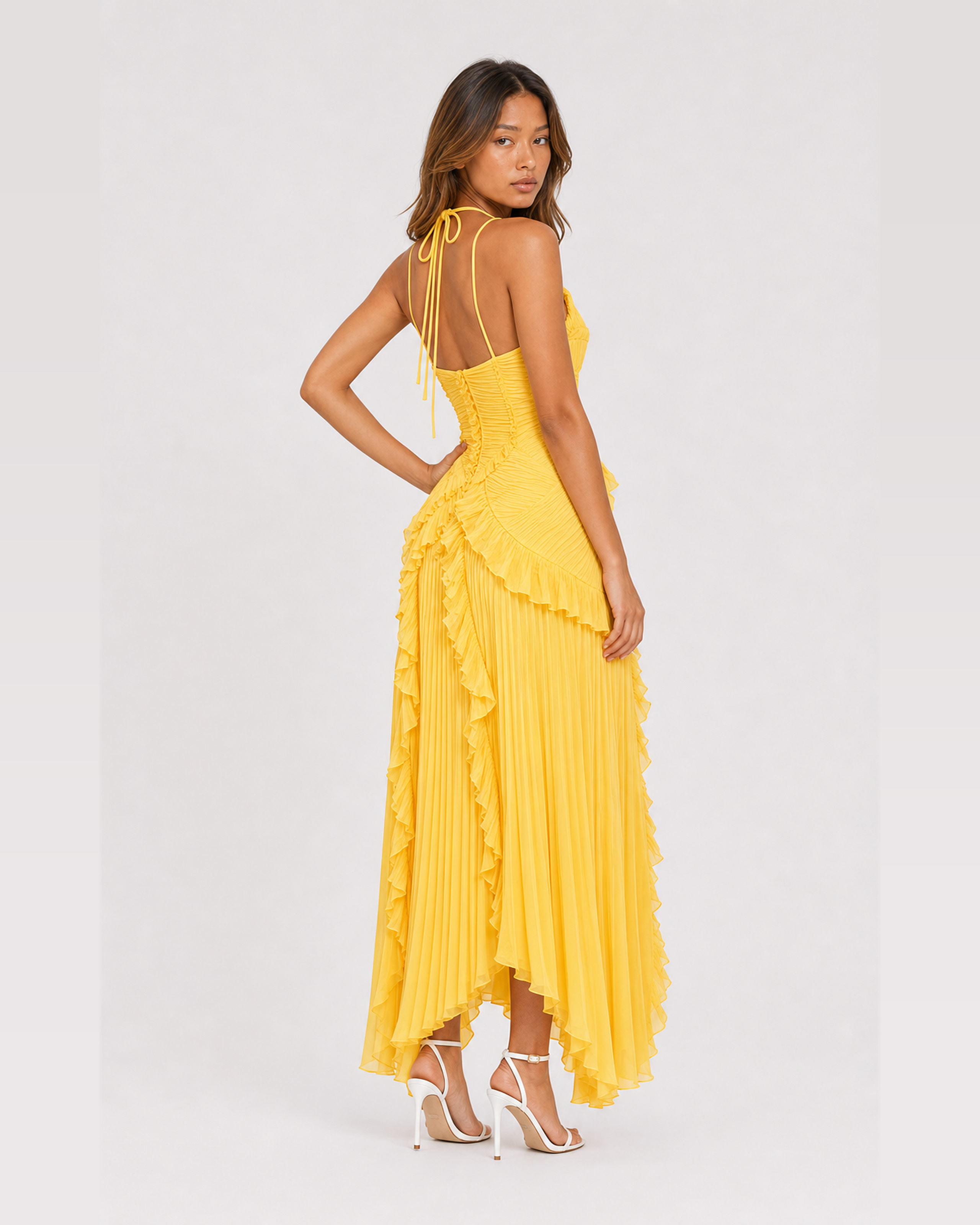 Aveline Lemon maxi dress, back view over shoulder