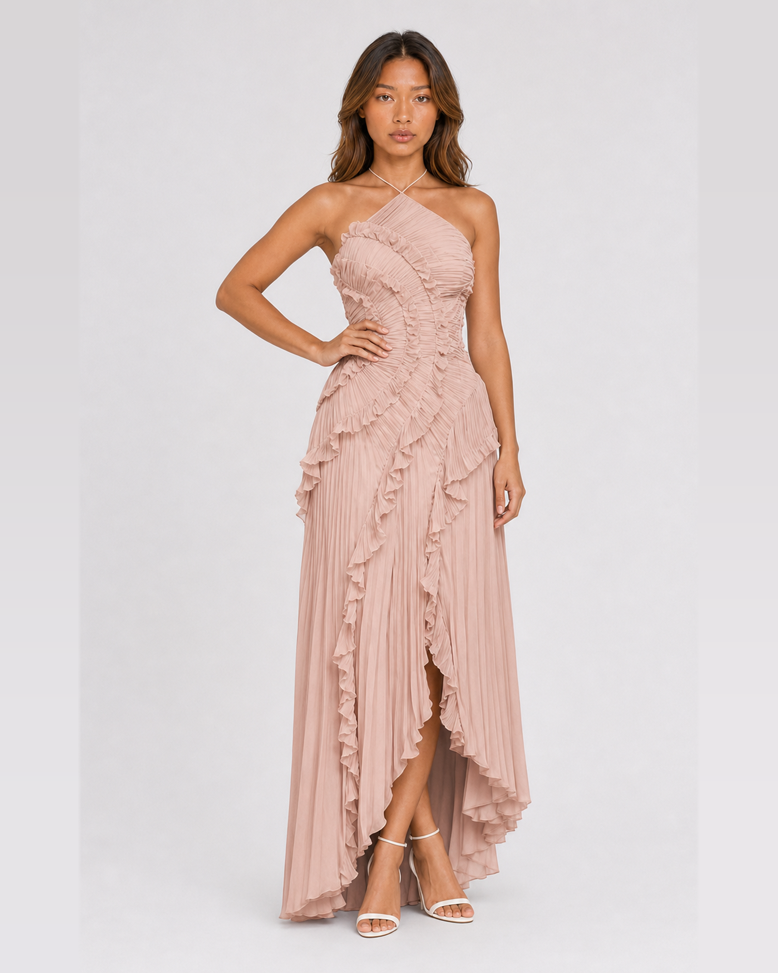 Aveline Pink asymmetric pleated halter ruffle maxi dress, front view