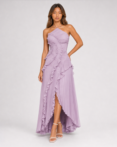 Aveline | Purple Asymmetric Pleated Halter Ruffle Maxi Dress
