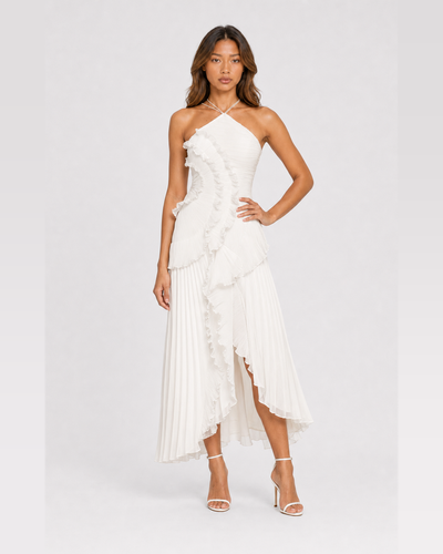 Aveline | White Asymmetric Pleated Halter Ruffle Maxi Dress