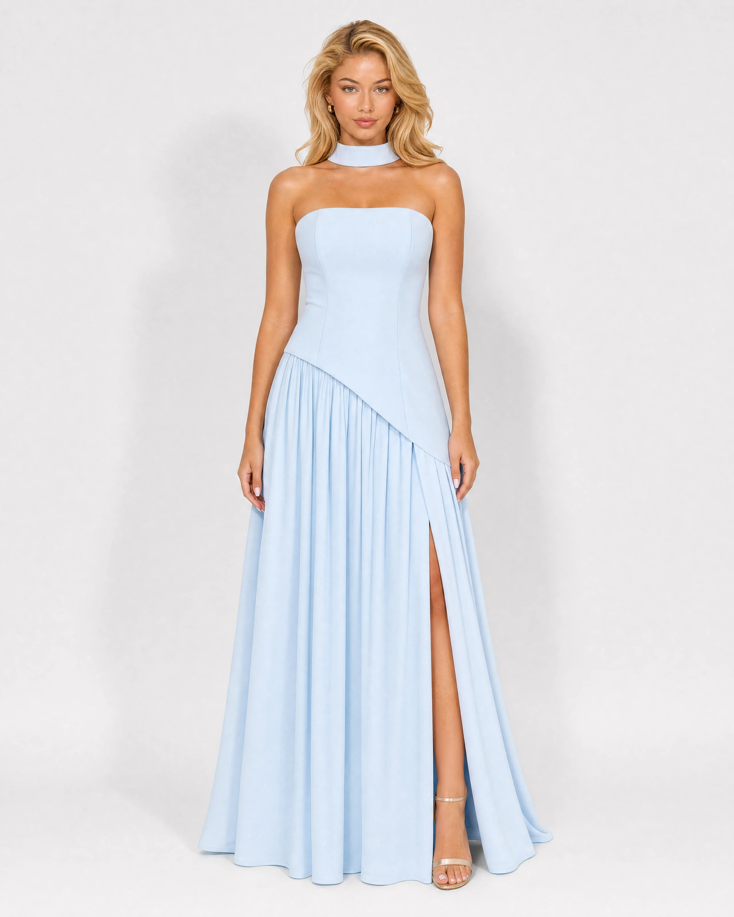 Bianca baby blue choker-neck maxi dress - front