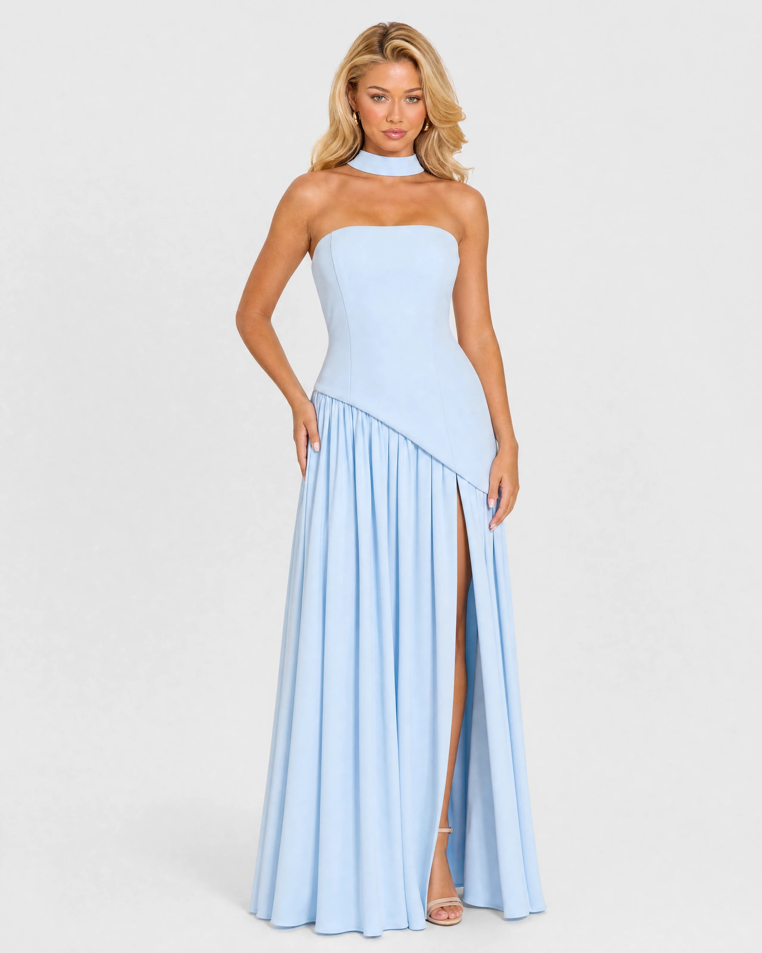 Bianca baby blue choker-neck maxi dress - front three-quarter