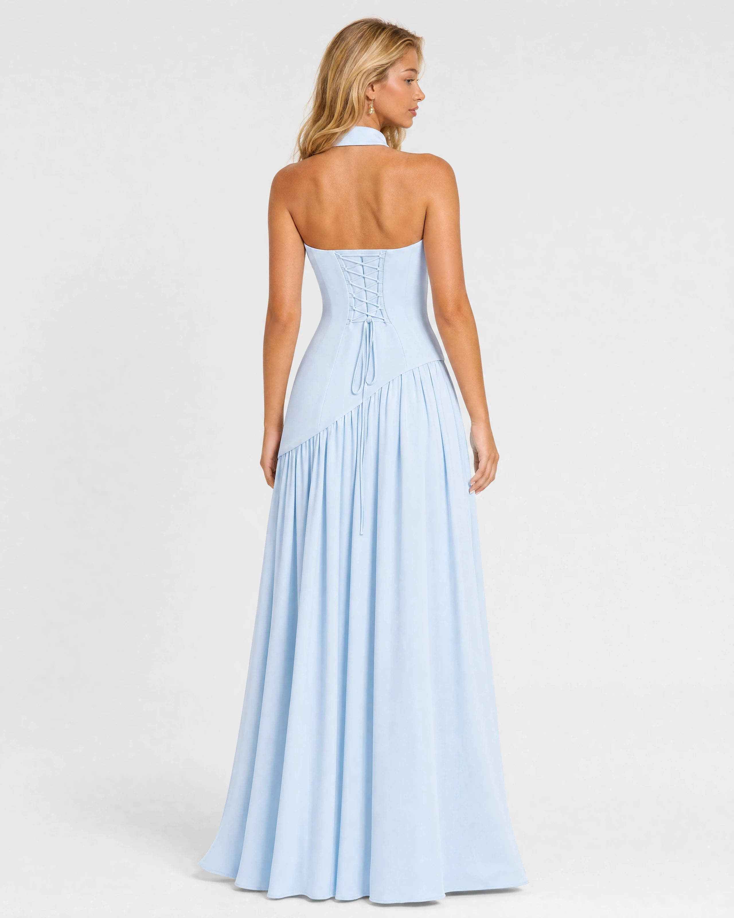 Bianca baby blue choker-neck maxi dress - back with lace-up