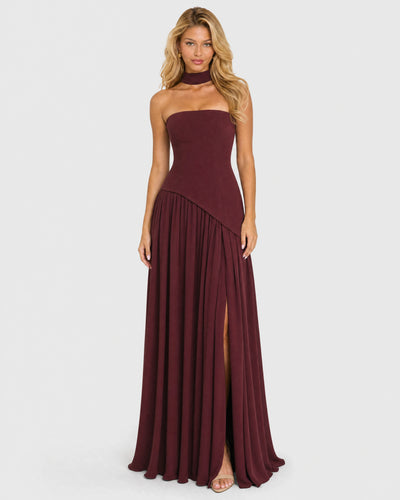 Bianca | Wine Red Choker-Neck Maxi Dress with Draped Slit Skirt
