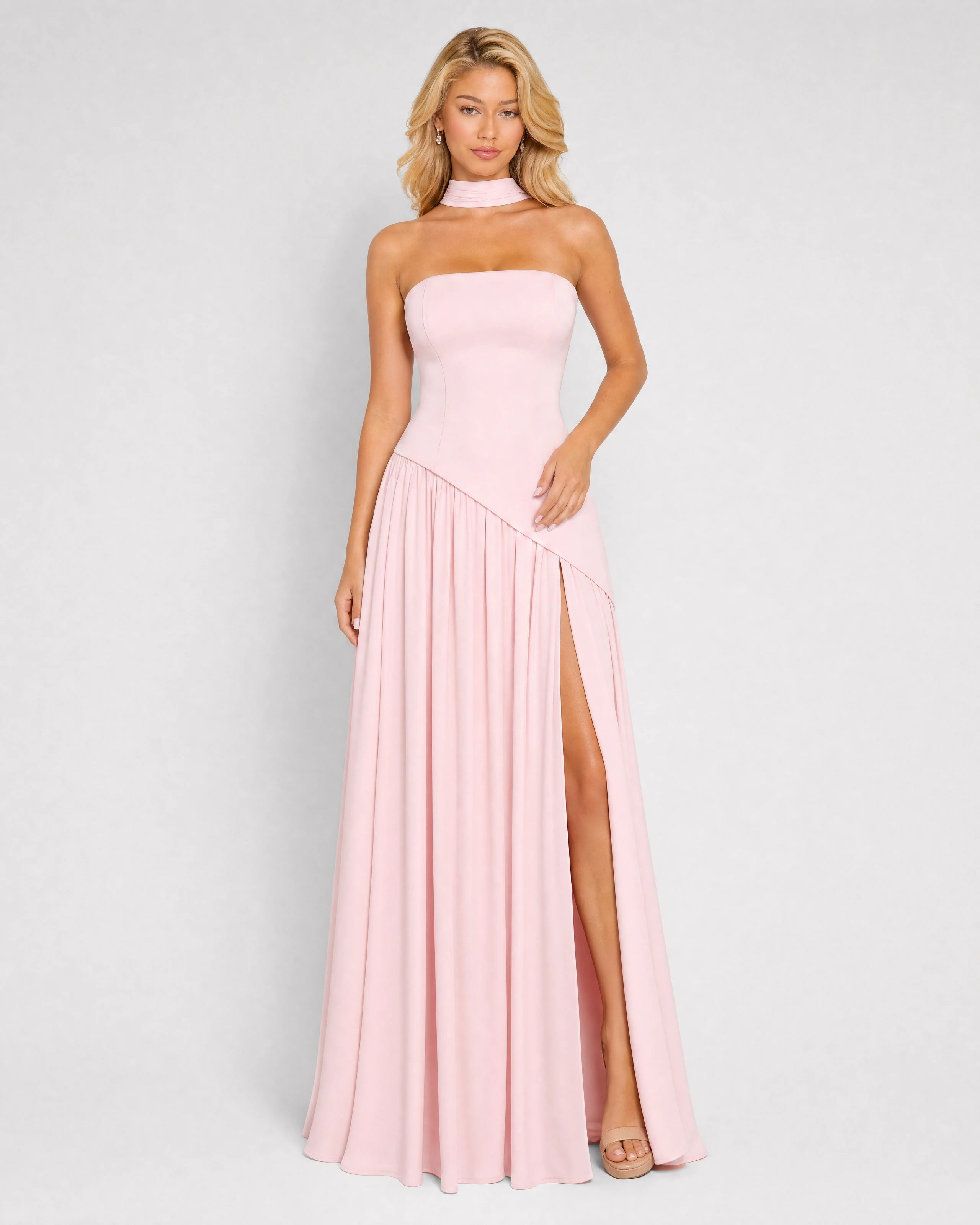 Bianca soft pink choker-neck maxi dress - front three-quarter