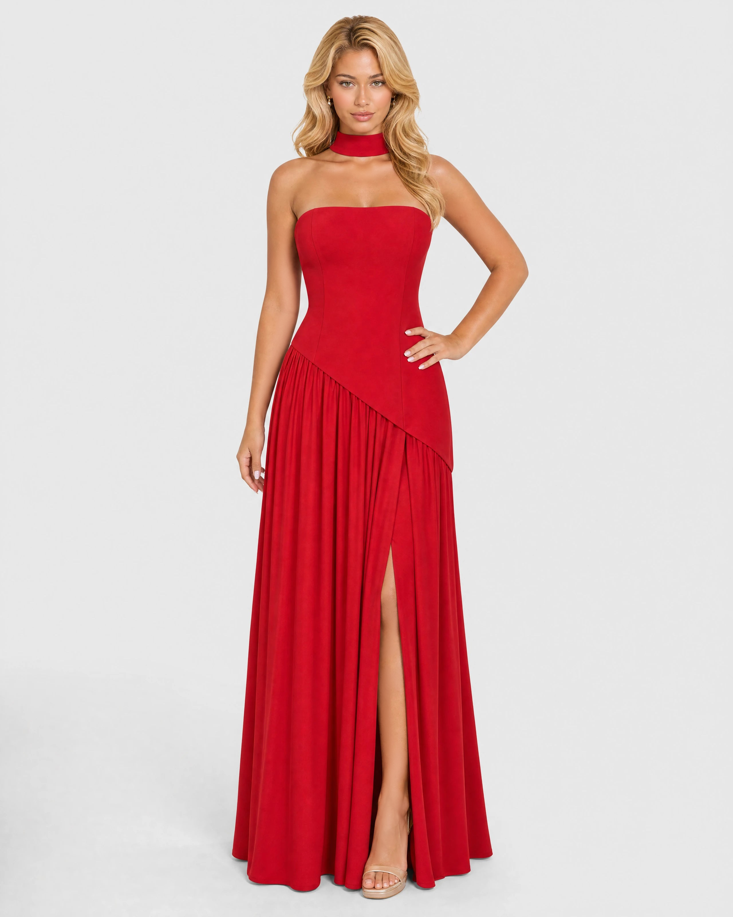Bianca red choker-neck maxi dress - front three-quarter