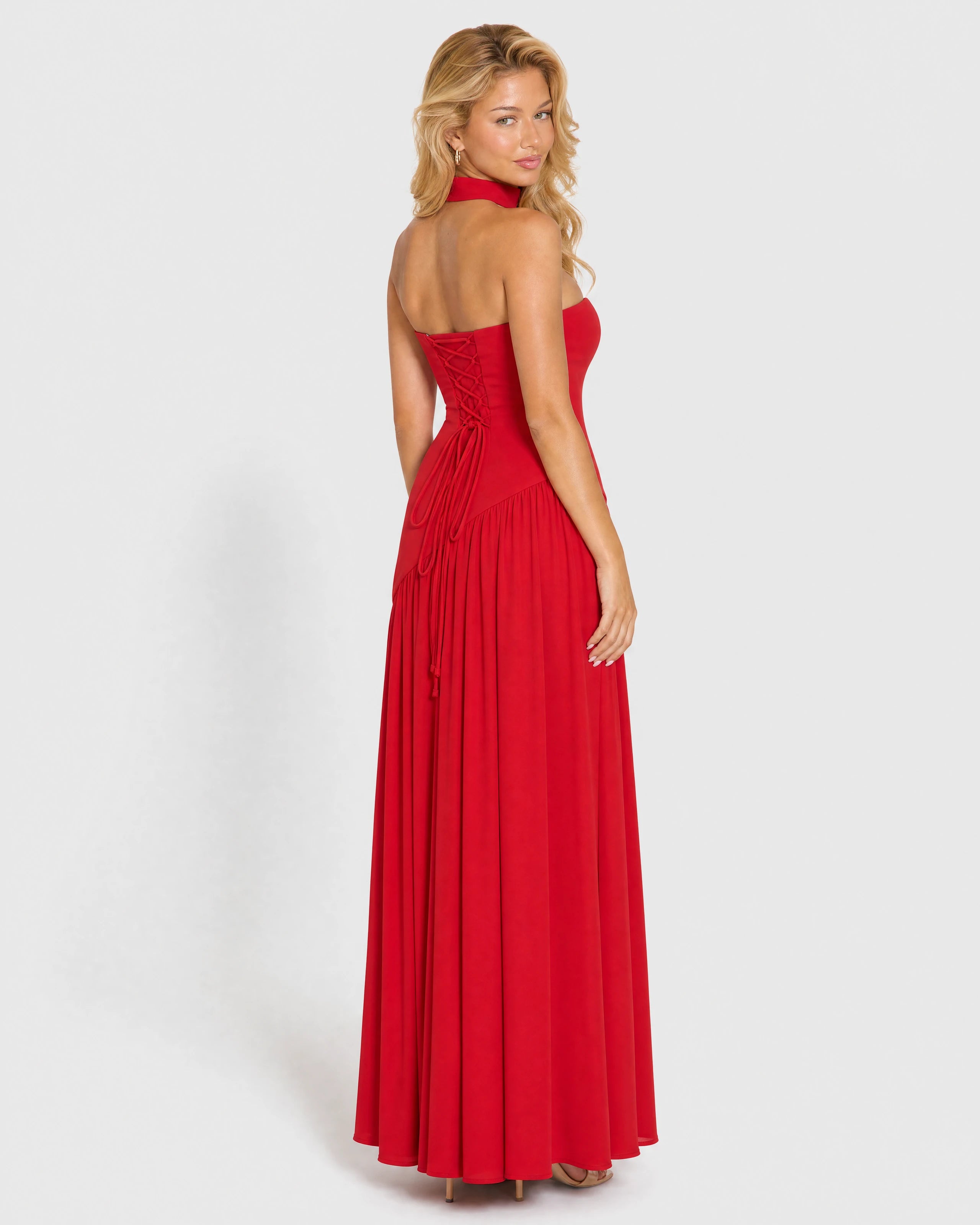 Bianca red choker-neck maxi dress - back three-quarter