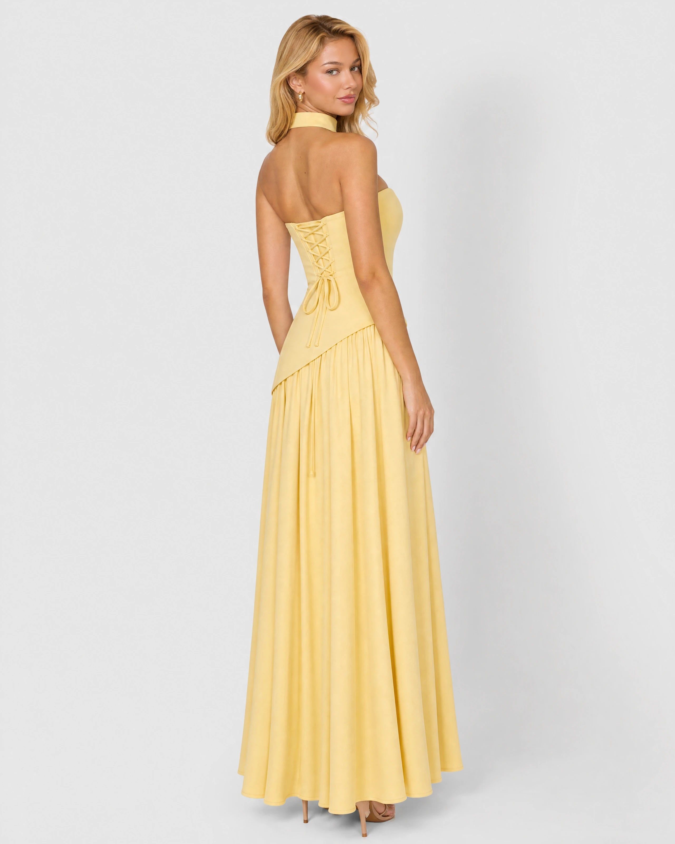 Bianca butter yellow choker-neck maxi dress - back three-quarter