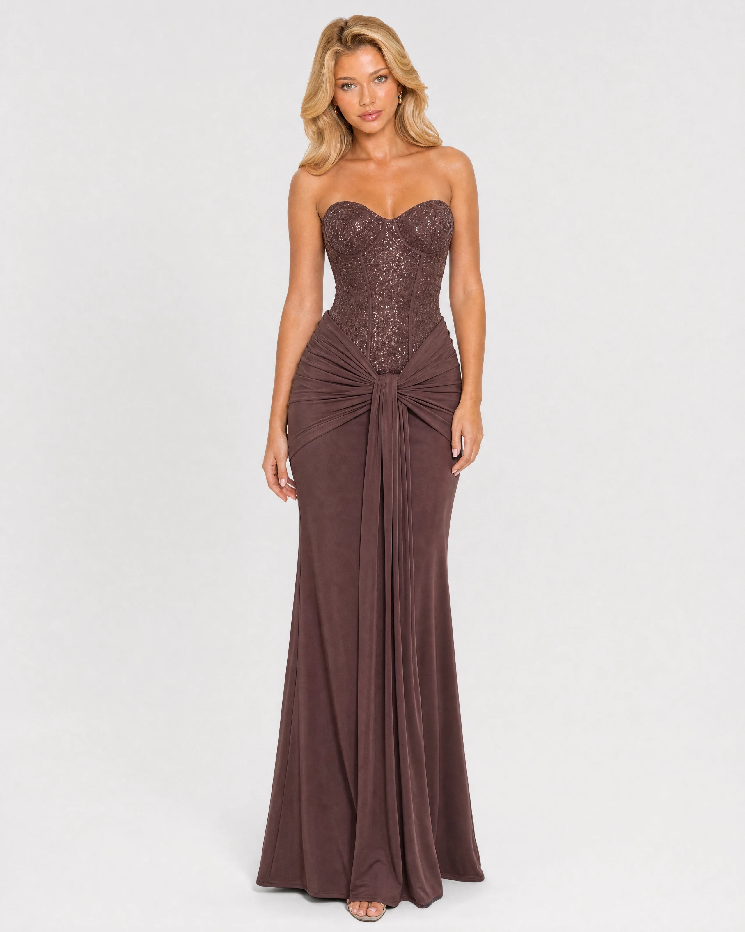 Camille plum brown sequin corset maxi dress - front