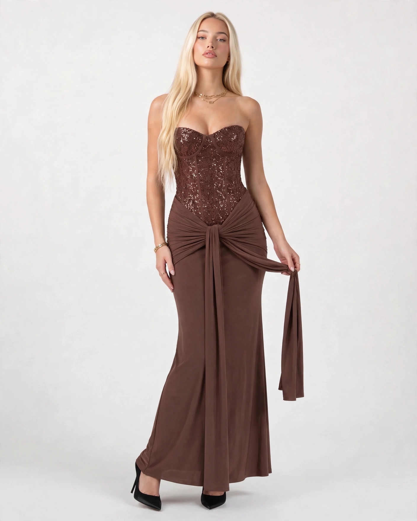 Camille plum brown sequin corset maxi dress with twist knot skirt, front view